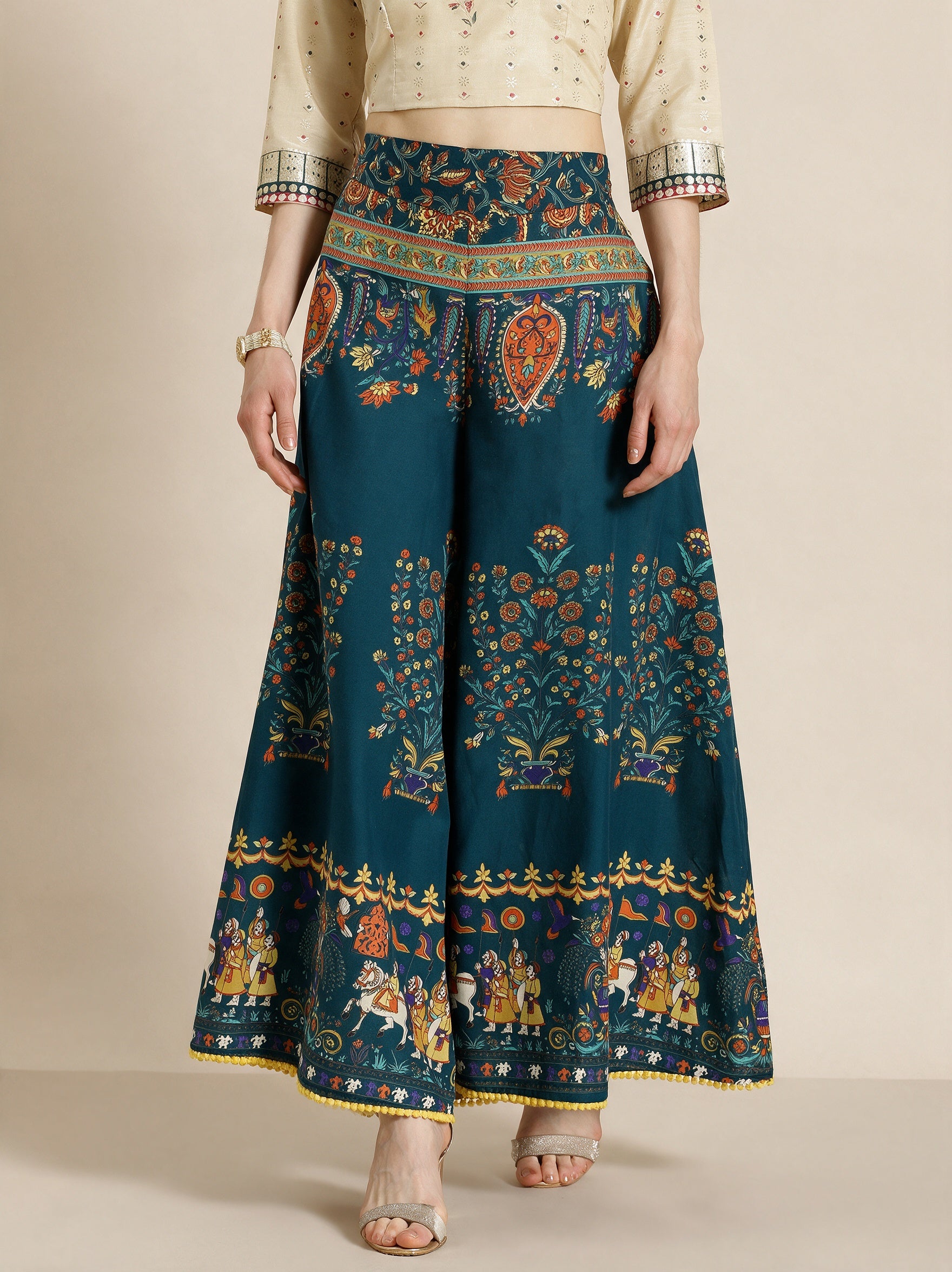 Juniper Women`s Teal Cotton Printed Flared Palazzo