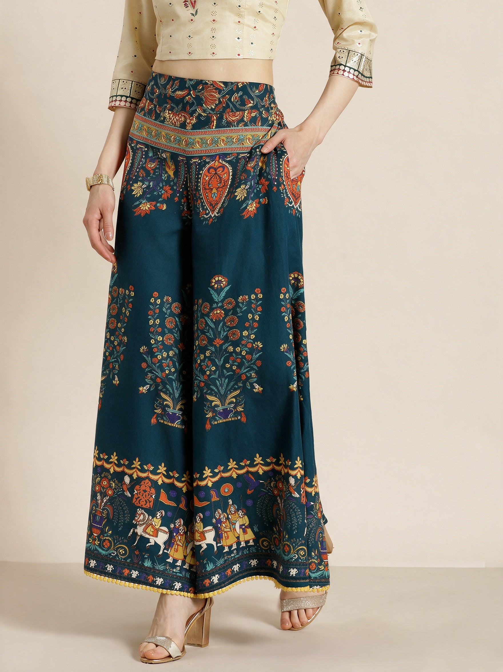 Juniper Women`s Teal Cotton Printed Flared Palazzo
