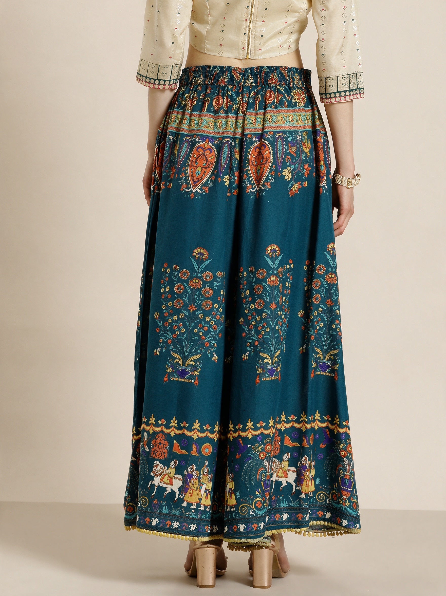 Juniper Women`s Teal Cotton Printed Flared Palazzo