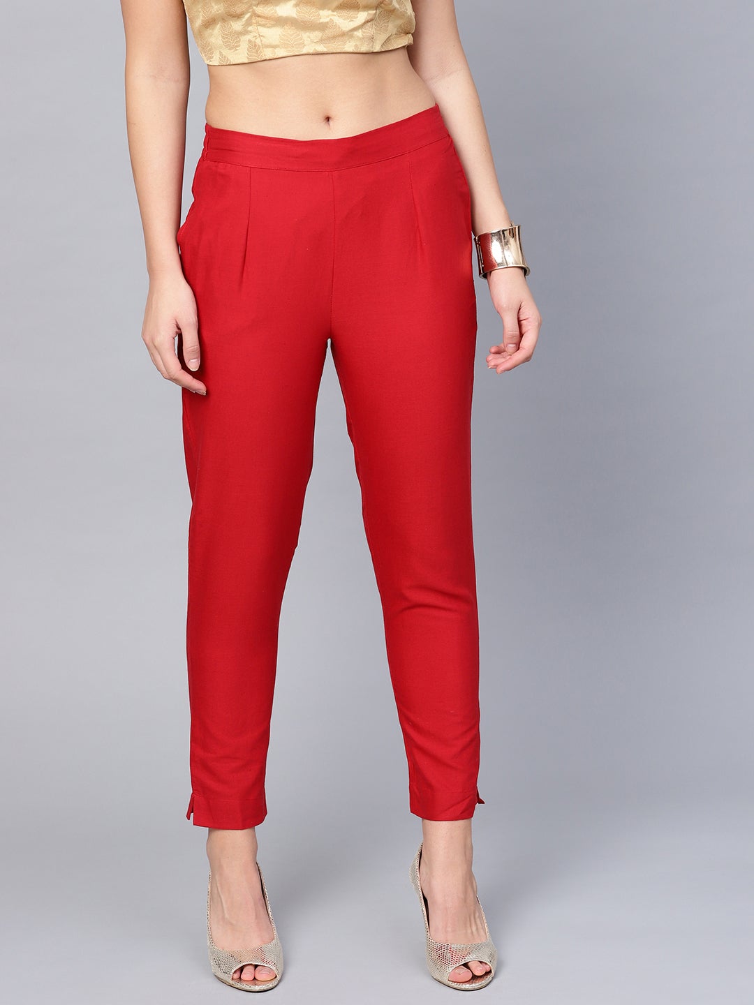 Juniper Red Solid Cotton Flex Slim Fit Women Pants With Two Pockets