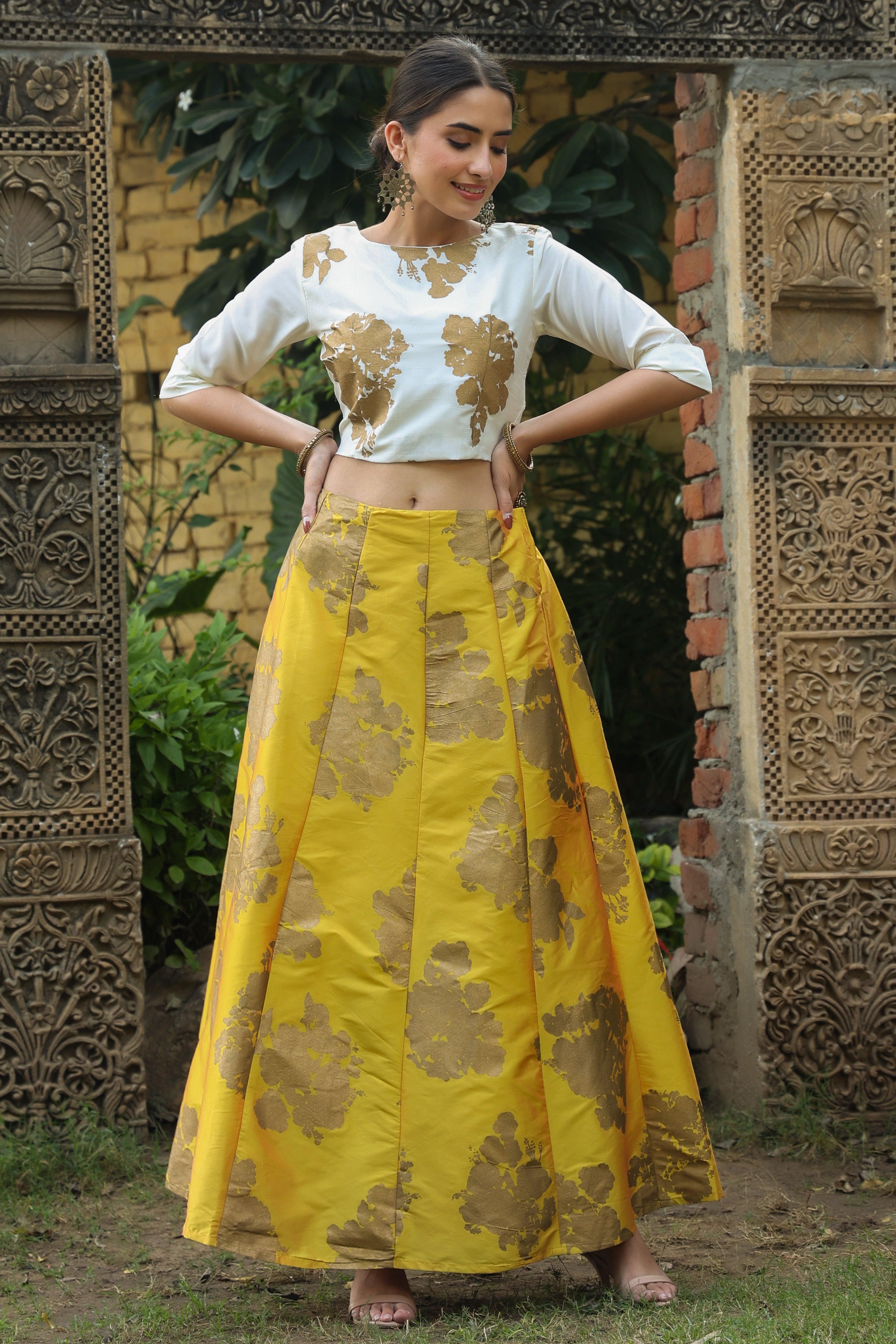 Juniper Women's Mustard Dupion Silk Printed Lehenga Choli Set