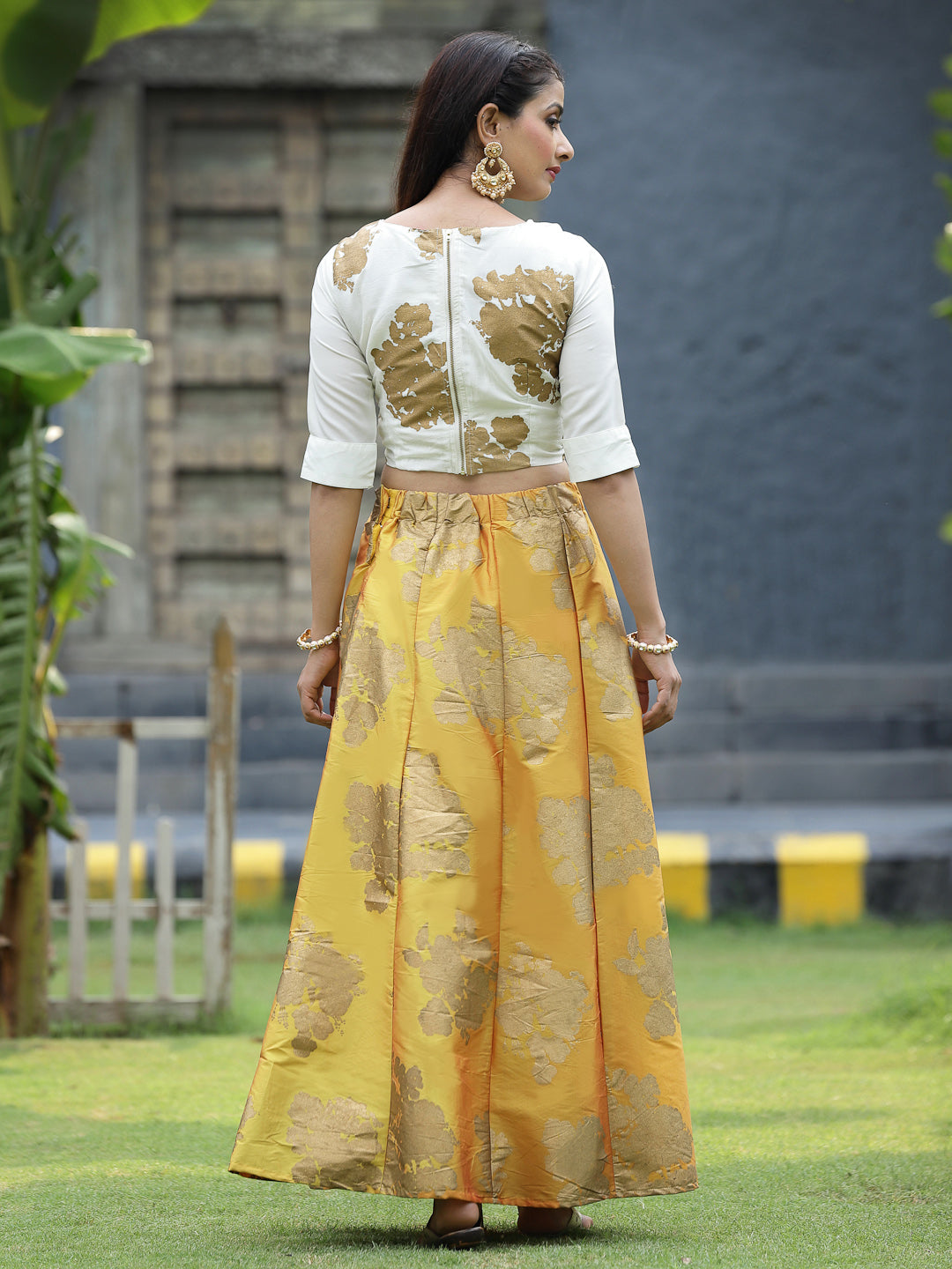 Juniper Women`s Mustard Dupion Printed Flared Lehenga Choli Sets