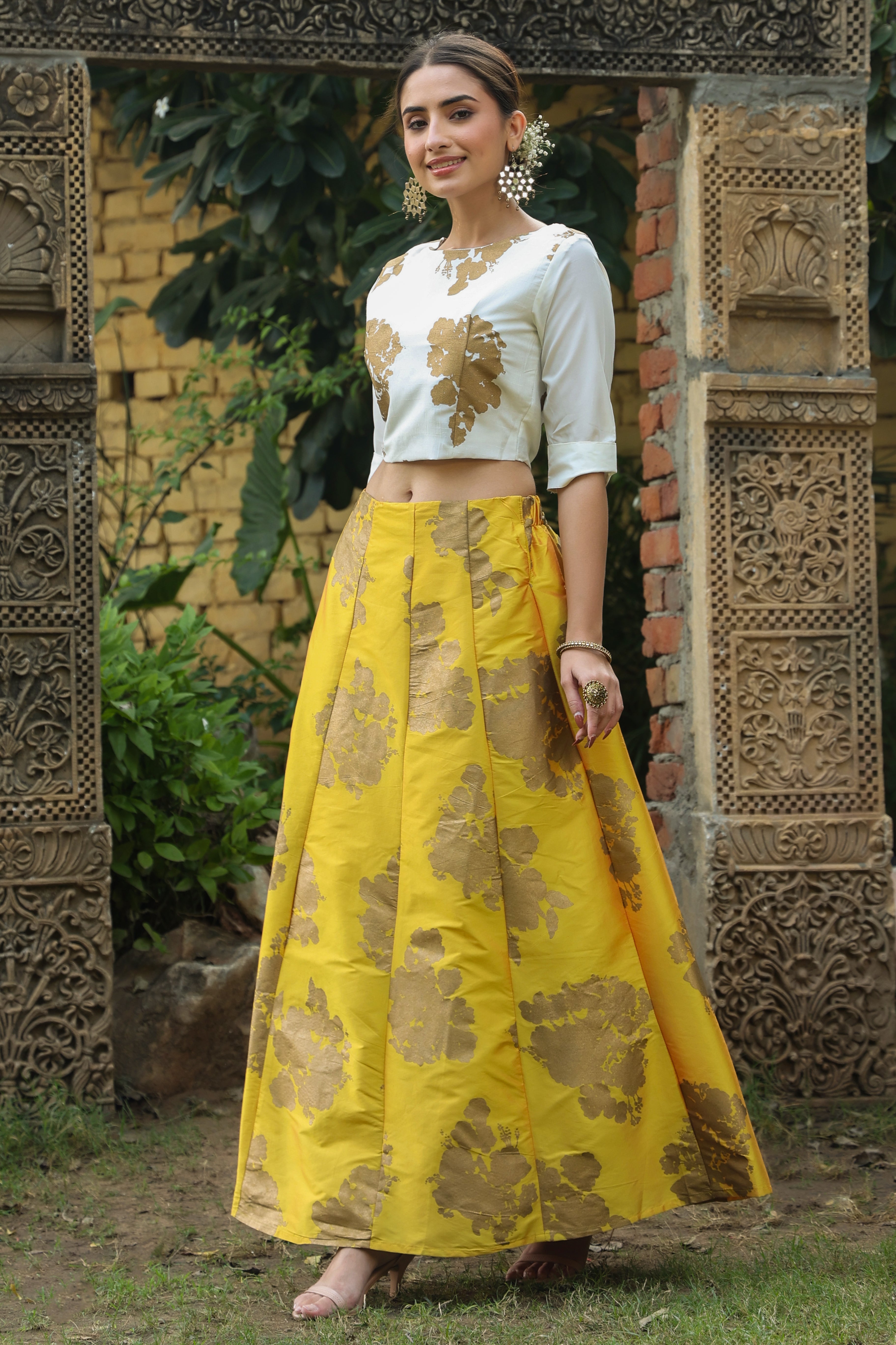 Juniper Women's Mustard Dupion Silk Printed Lehenga Choli Set