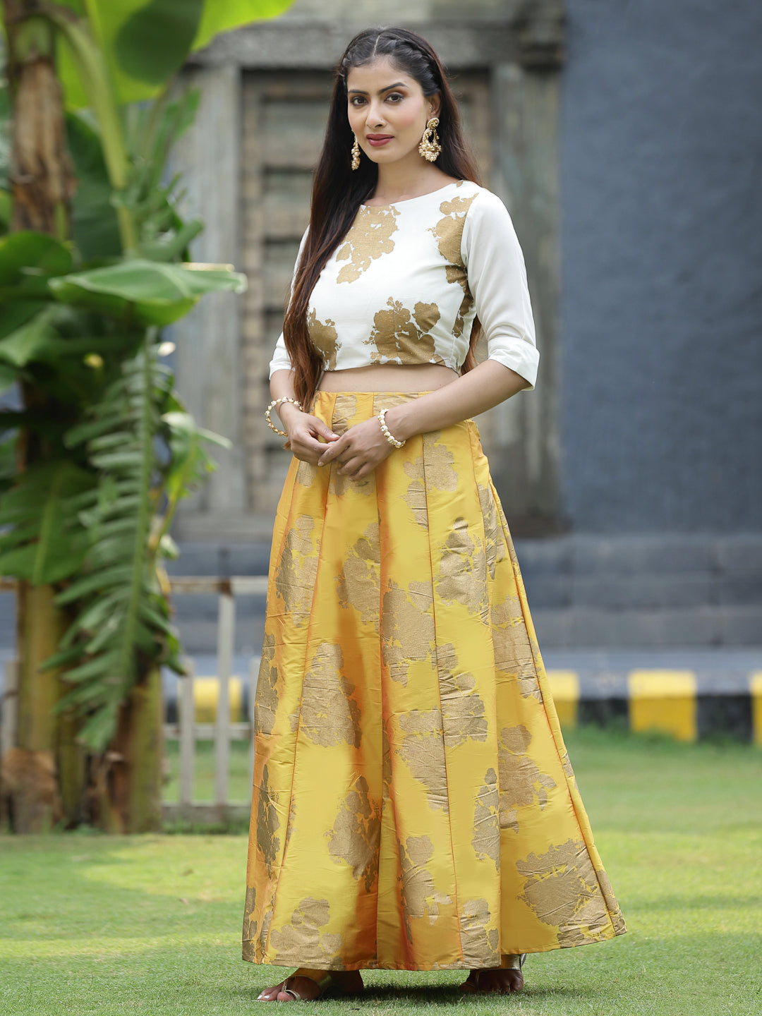 Juniper Women`s Mustard Dupion Printed Flared Lehenga Choli Sets