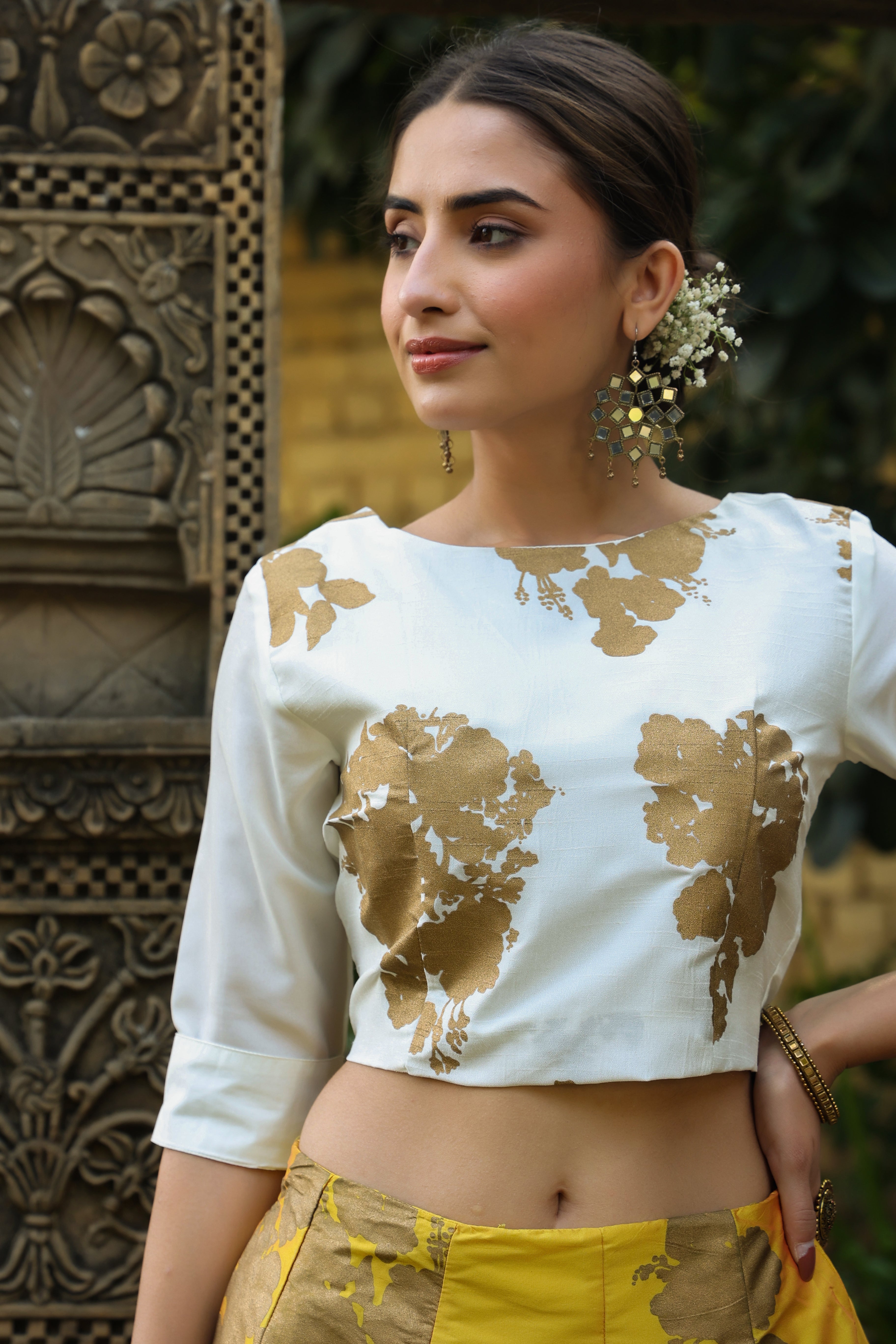 Juniper Women's Mustard Dupion Silk Printed Lehenga Choli Set