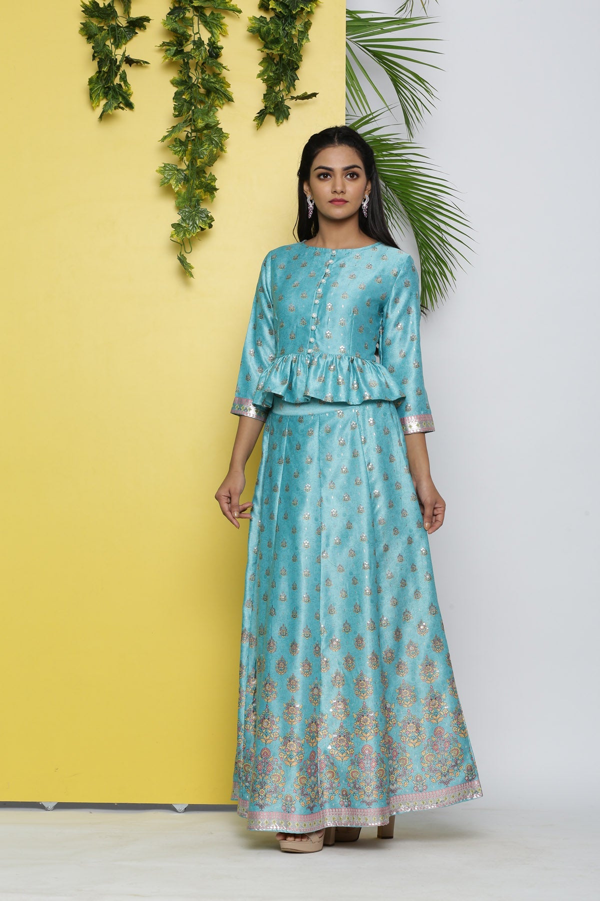 Juniper Mint Ethnic Motif Printed Satin Lehenga & Choli Set