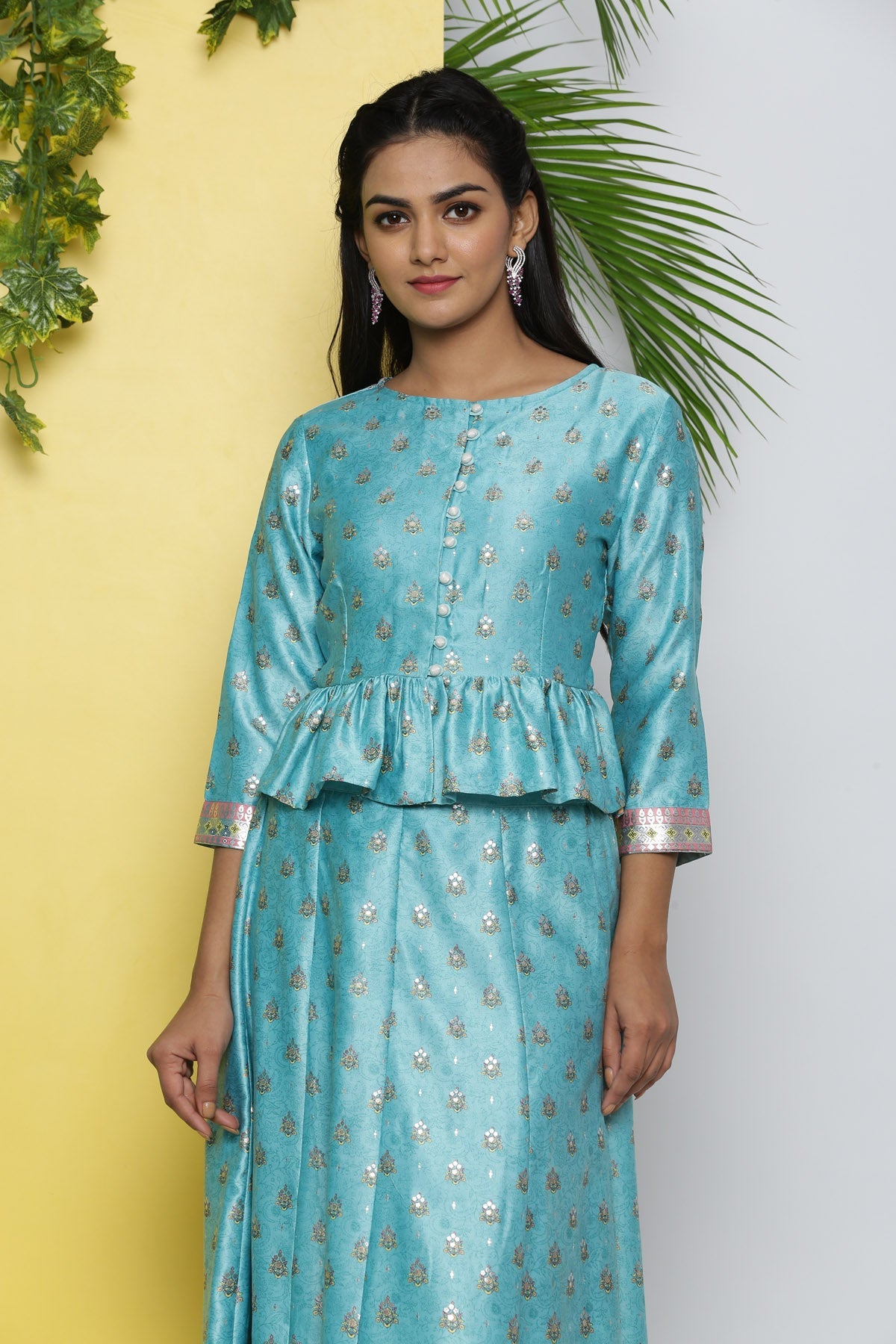 Juniper Mint Ethnic Motif Printed Satin Lehenga & Choli Set