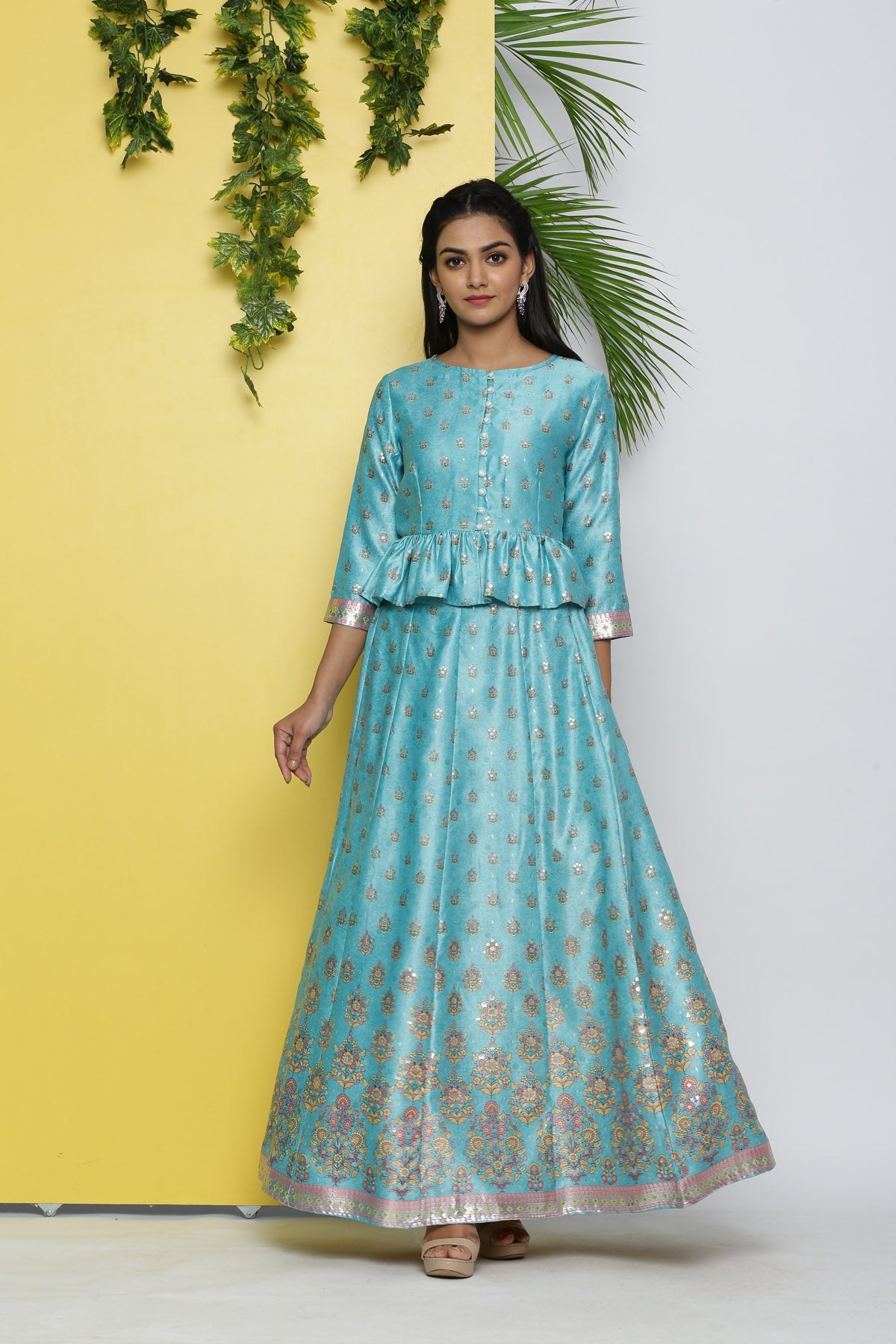 Juniper Mint Ethnic Motif Printed Satin Lehenga & Choli Set