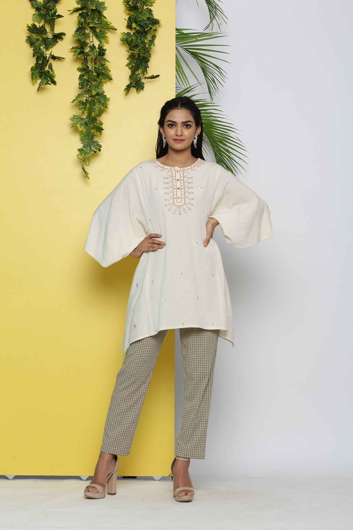 Juniper Off-White Thread Embroidered Rayon Flex Tunic
