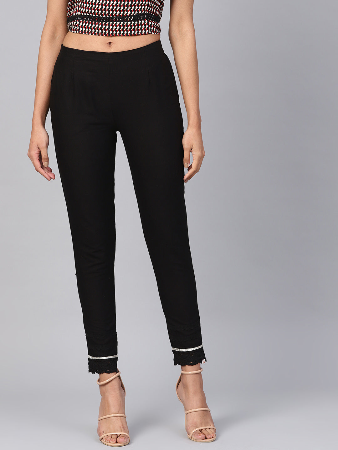 Black Solid Cotton Flex Straight Fit Pants With Lace & Gota Work
