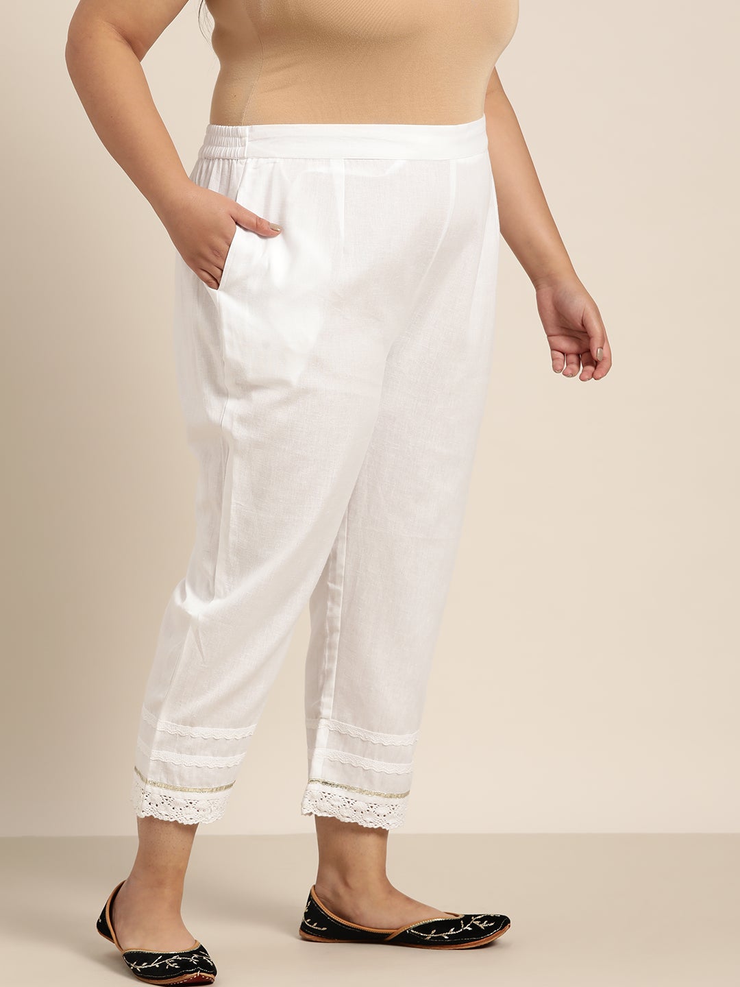 Juniper White  Cotton Solid Cigarette Pants