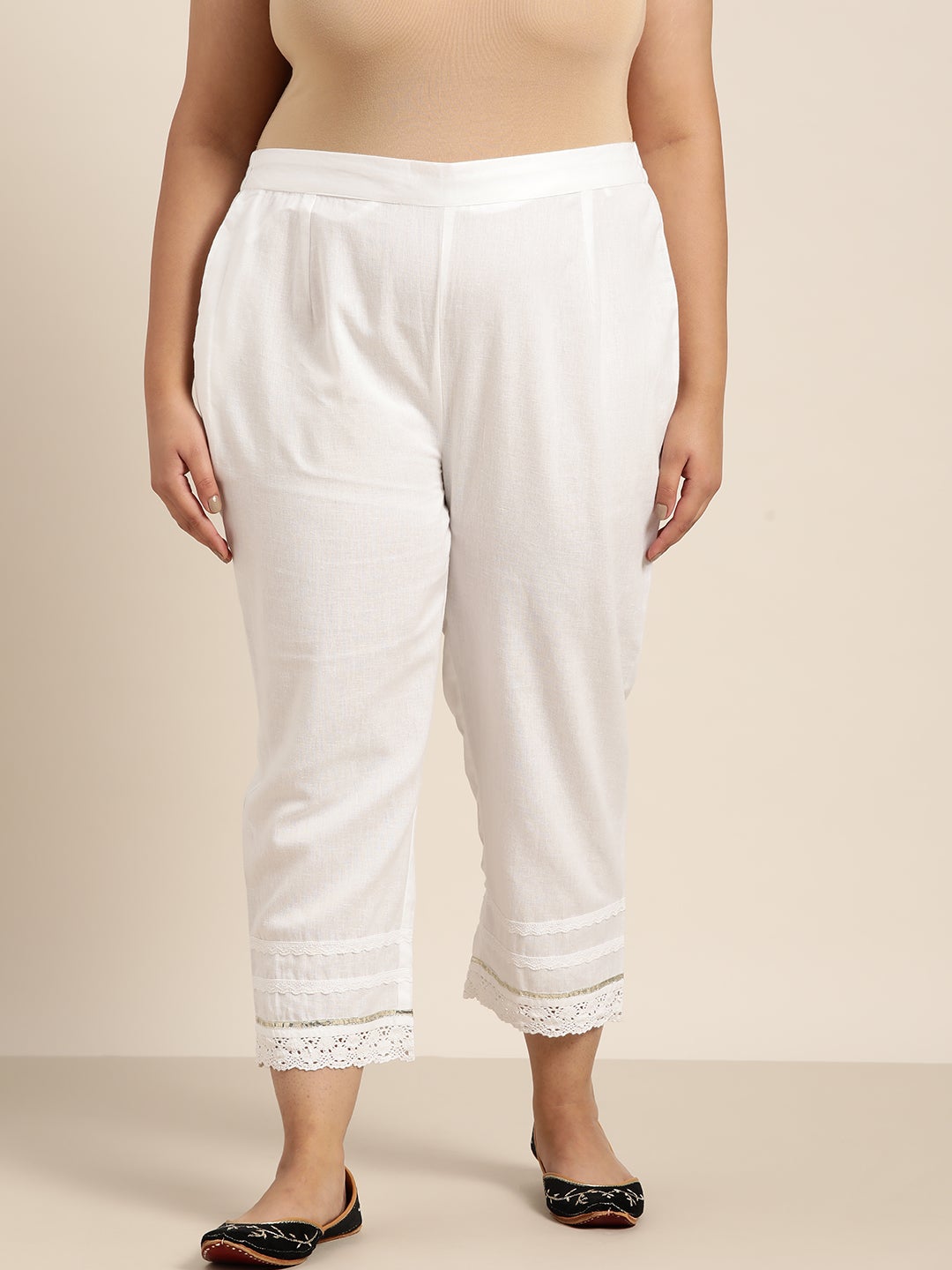 Juniper White  Cotton Solid Cigarette Pants