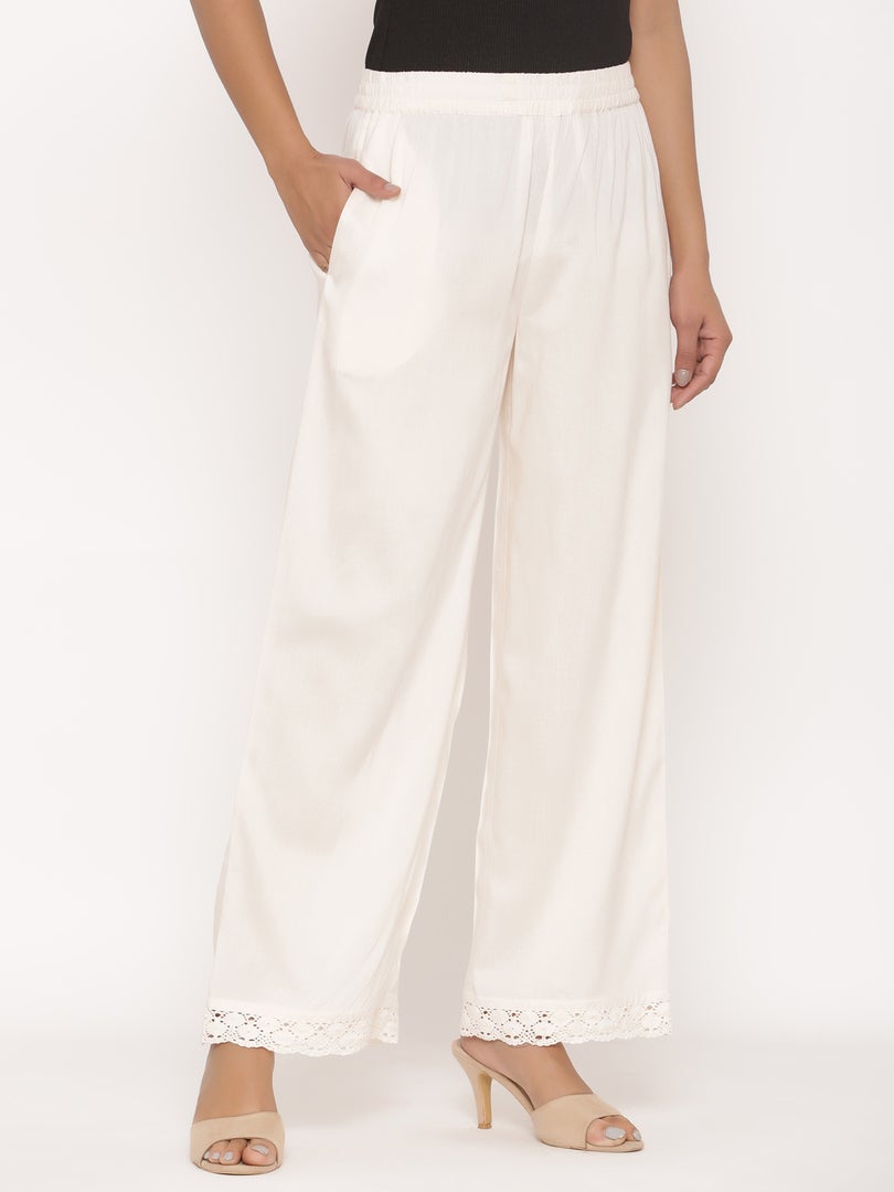 Juniper Ivory Solid Rayon Wide Leg Women Palazzo With One Pocket