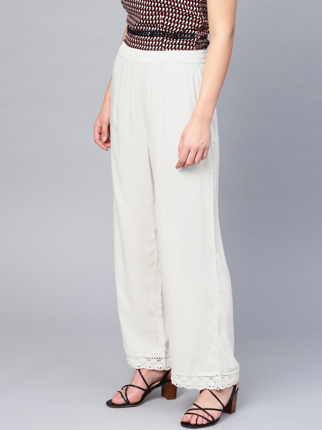 Juniper Off-White Solid Rayon Straight Fit Palazzo With Lace Work