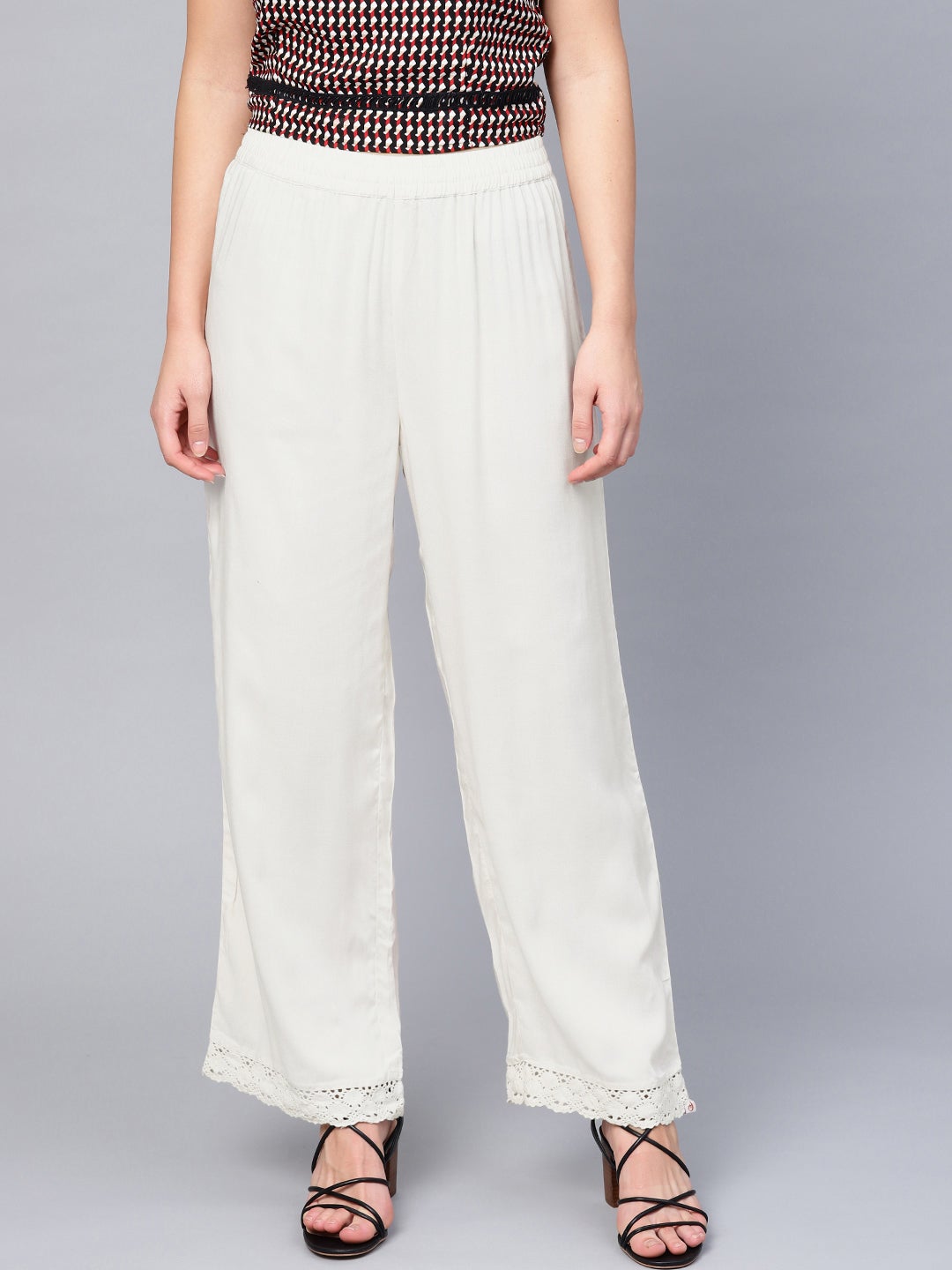 Juniper Off-White Solid Rayon Straight Fit Palazzo With Lace Work