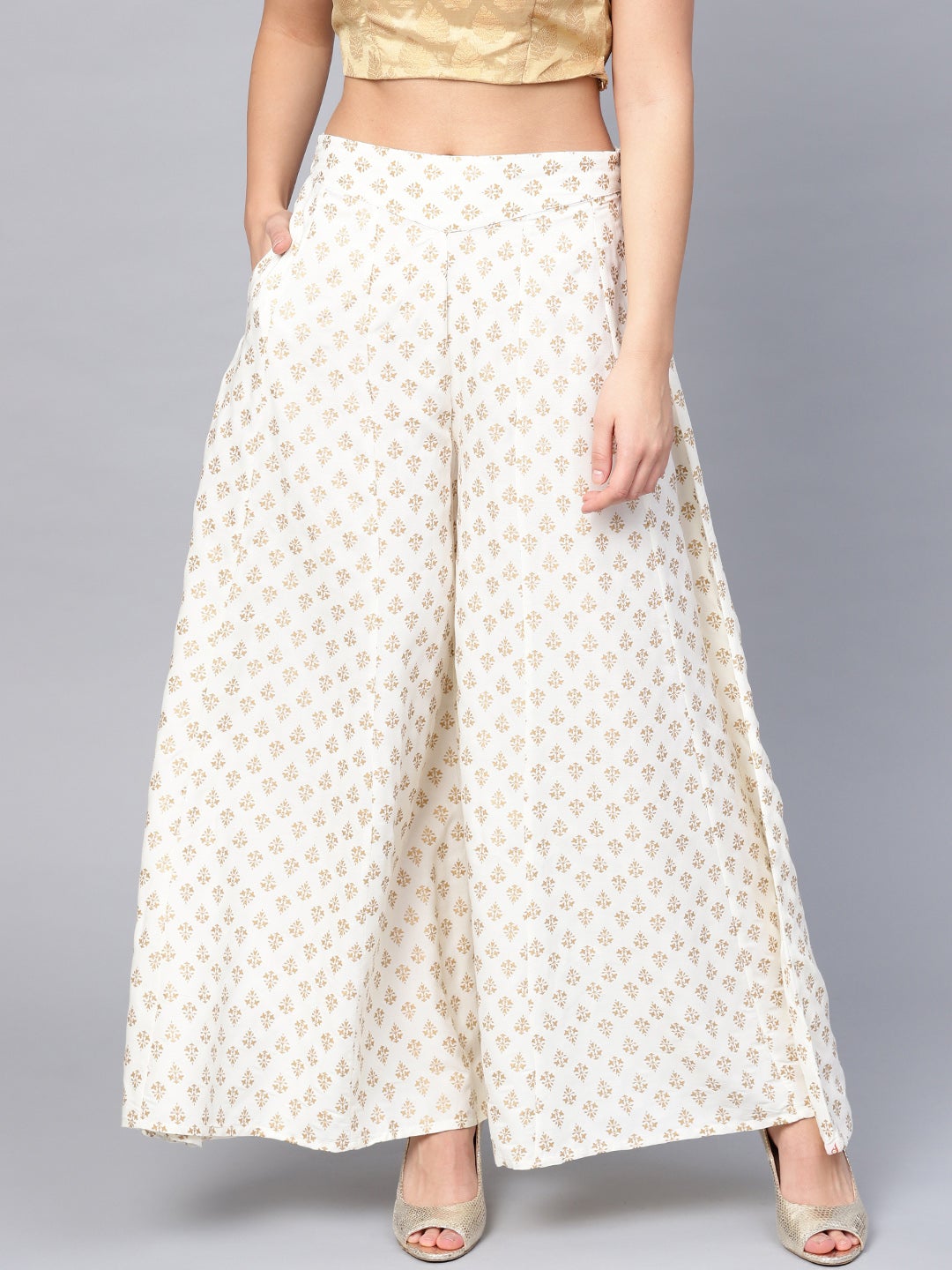 Juniper White Ethnic Motif Printed Rayon Flared Women Palazzo With One Pocket