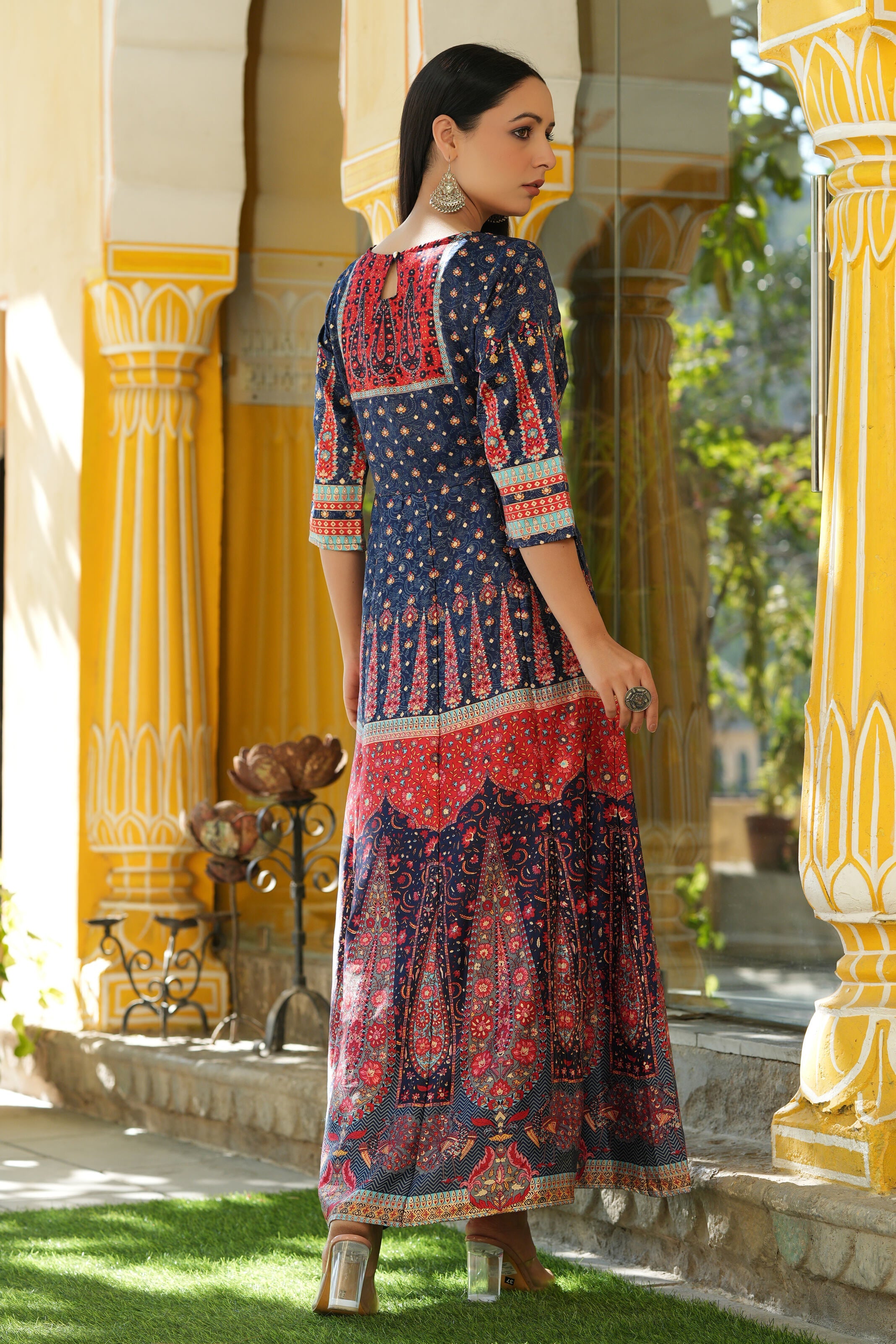 Navy Blue Dull Satin Printed Anarkali Dress | Juniper Fashion