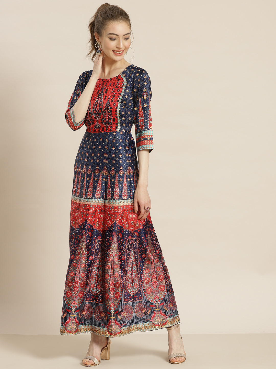 Juniper Women's Navy Blue Dull Satin Printed Anarkali Dress