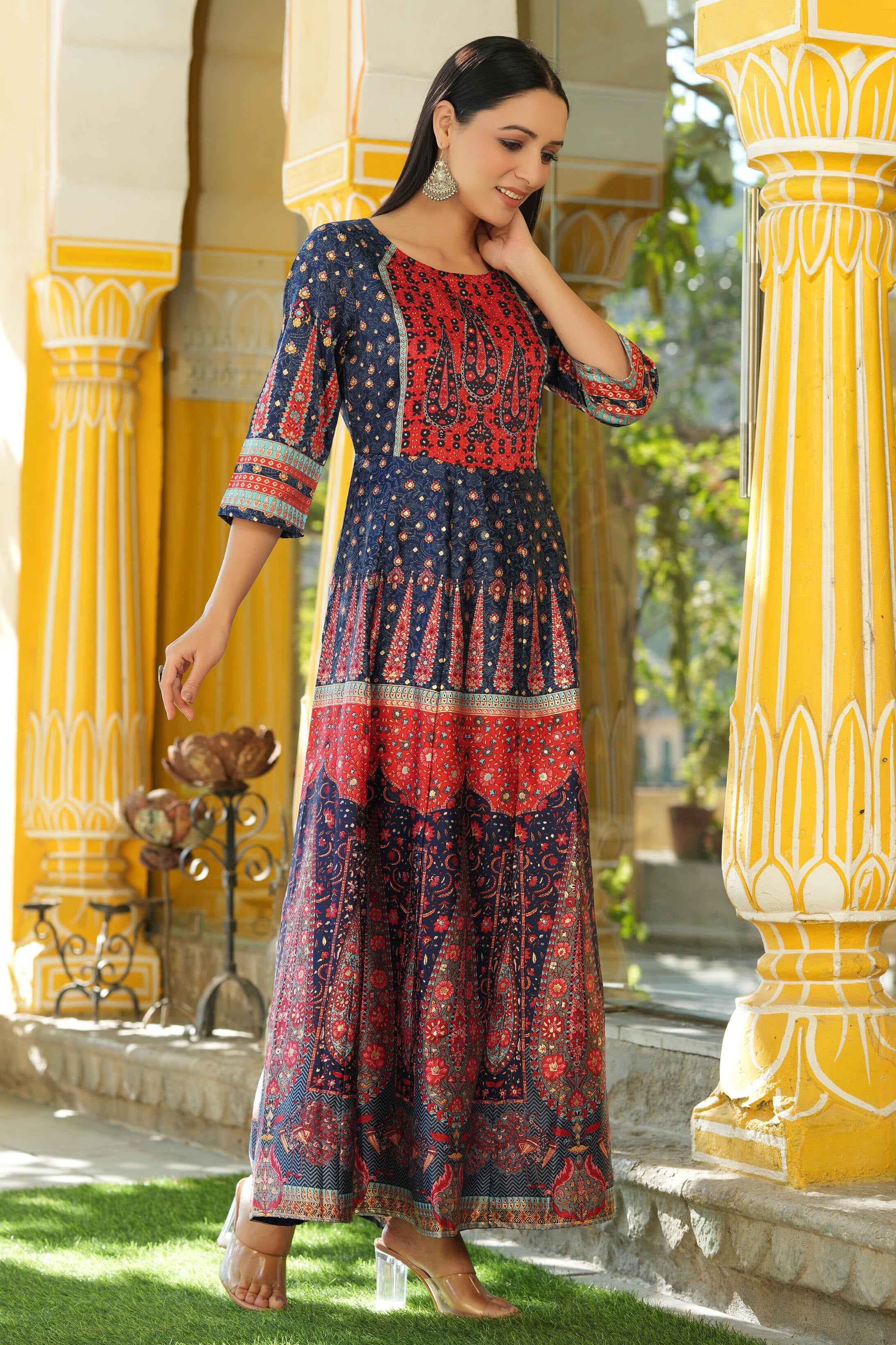 Juniper Navyblue Dull Satin Printed Anarkali Dress