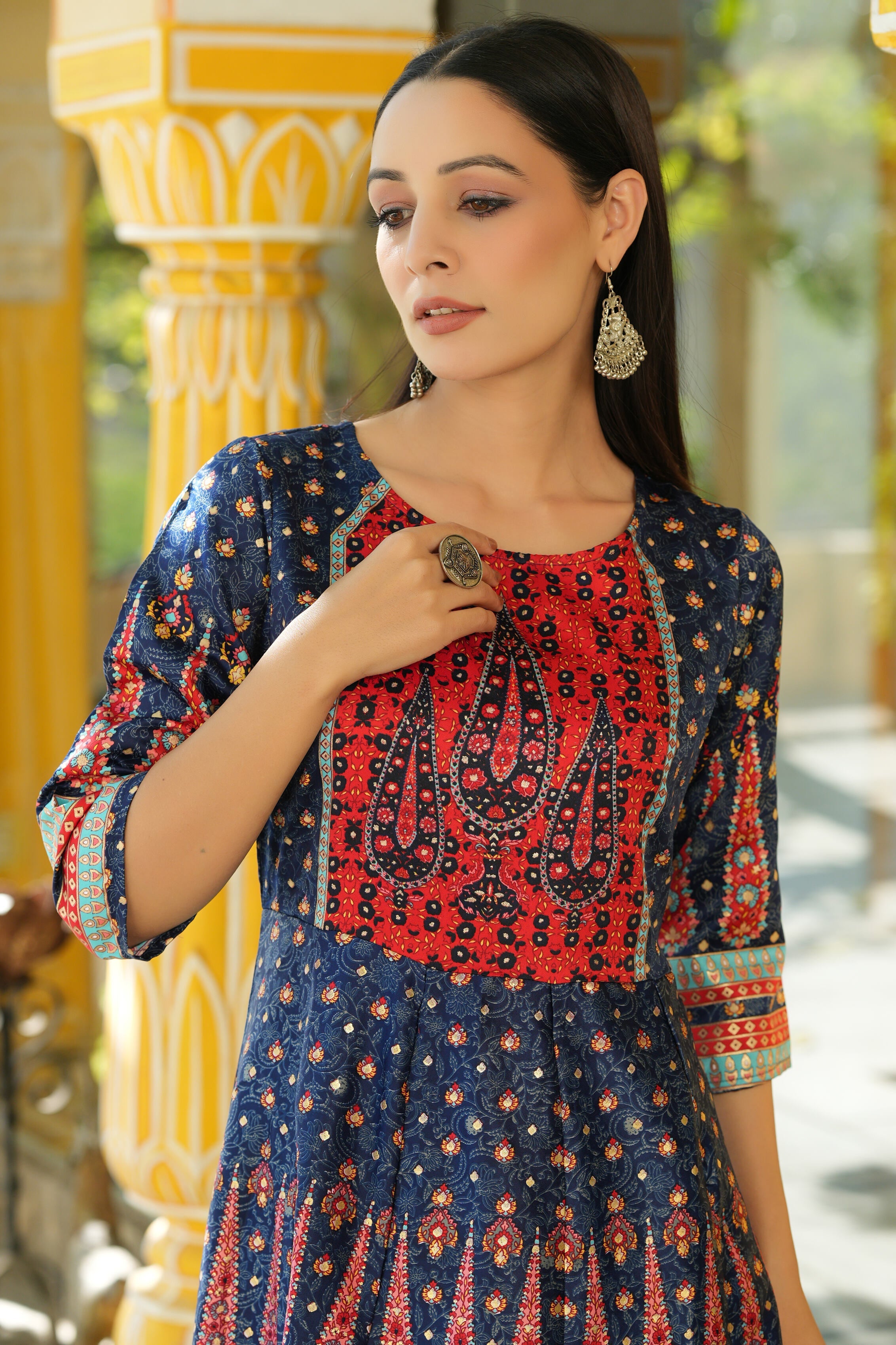 Juniper Navyblue Dull Satin Printed Anarkali Dress