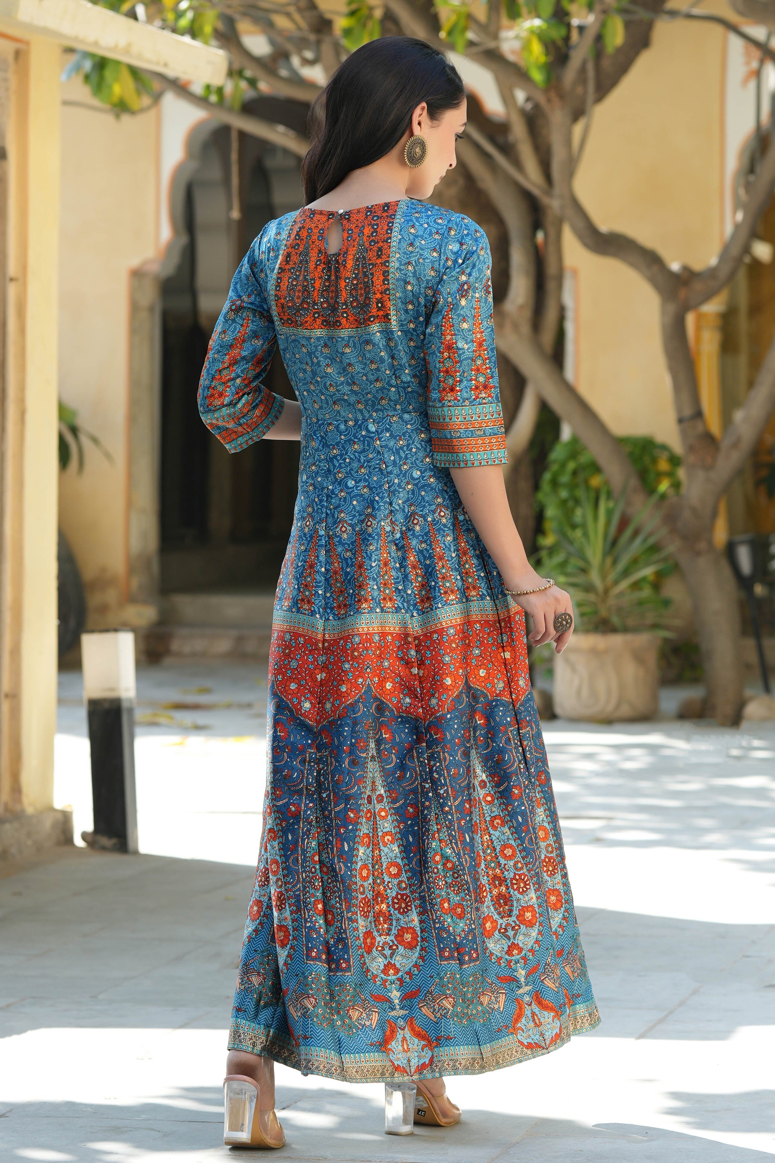 Juniper Teal Ethnic Motif Printed Dull Satin Anarkali Dress
