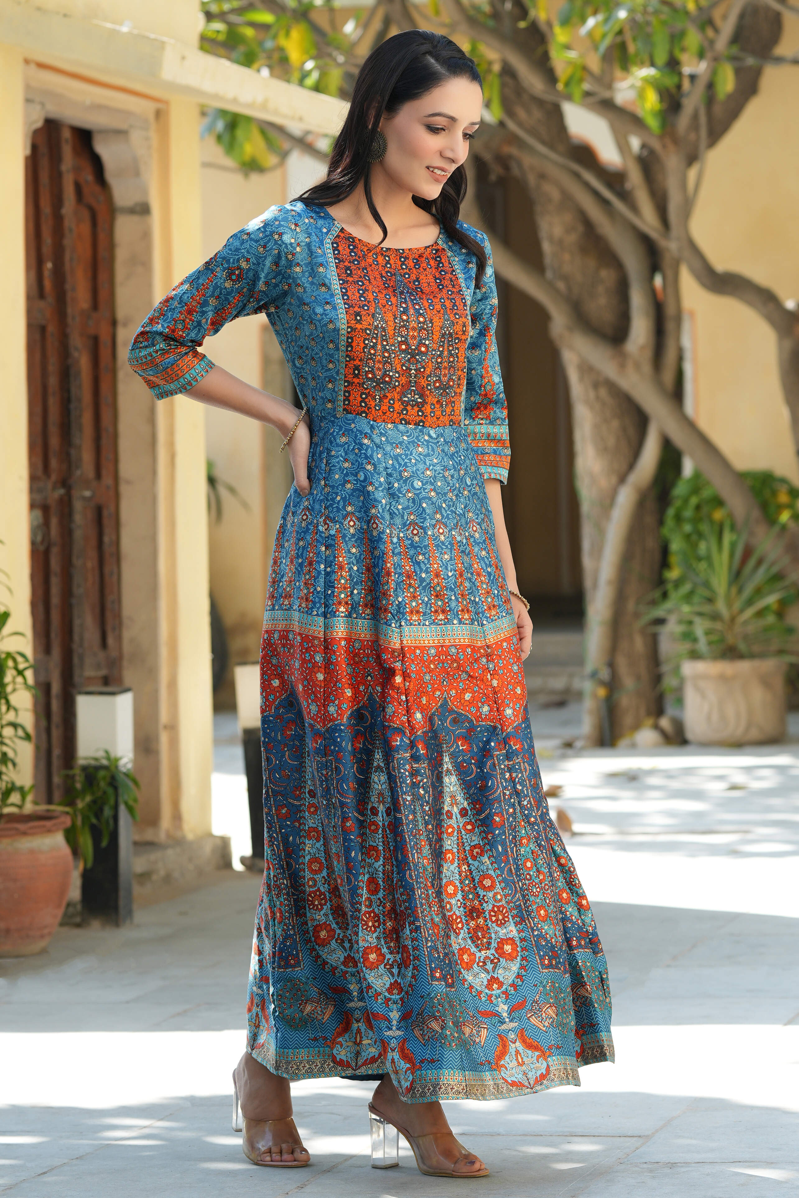 Juniper Teal Ethnic Motif Printed Dull Satin Anarkali Dress