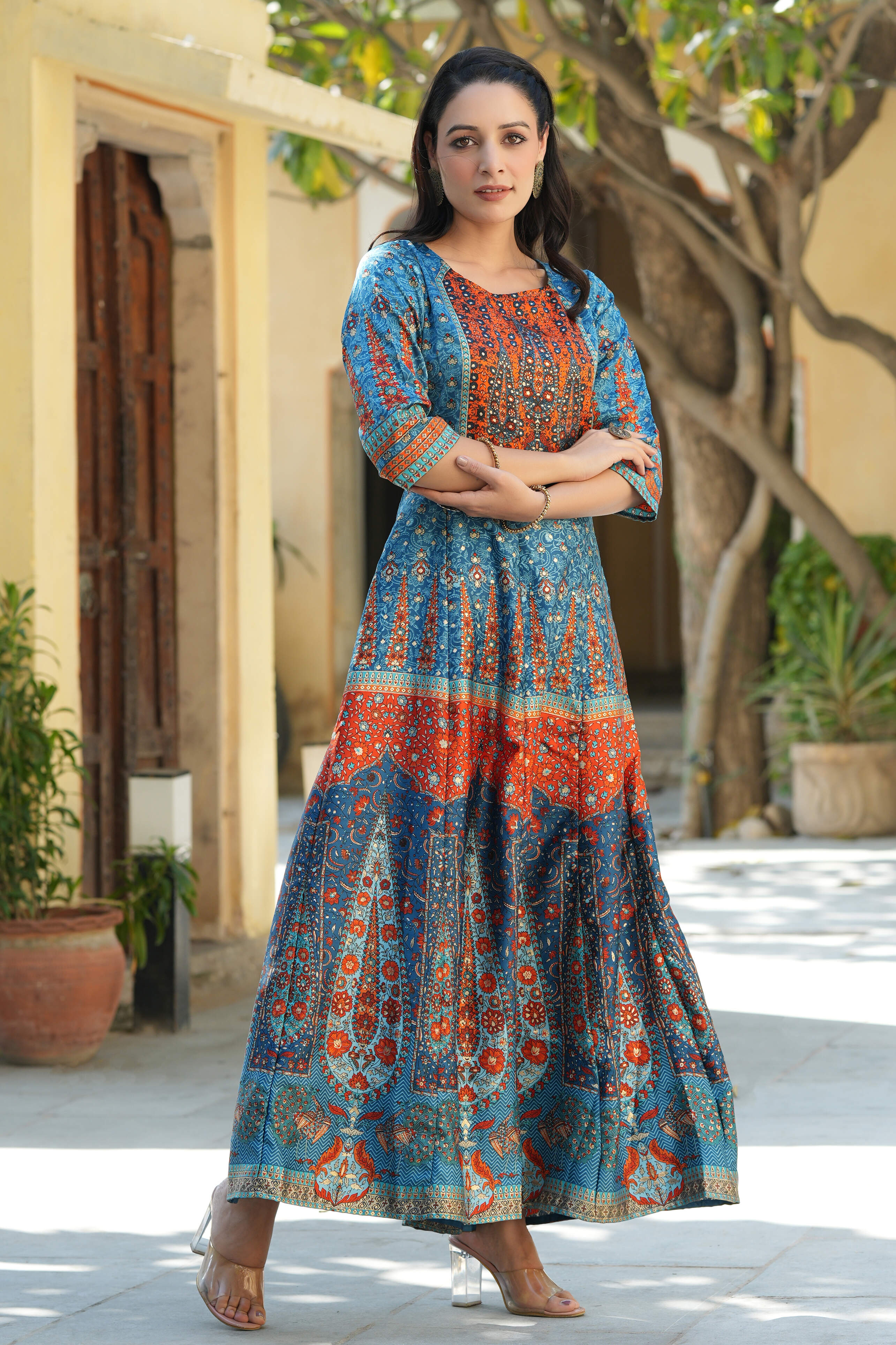 Juniper Teal Ethnic Motif Printed Dull Satin Anarkali Dress