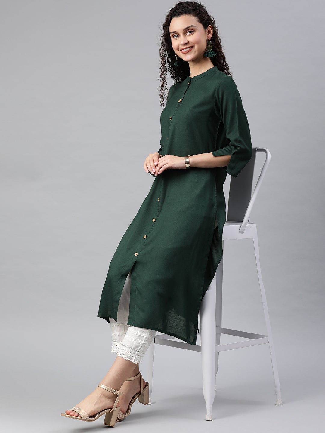 Juniper Jade Green Solid Rayon A-line Kurta with Buttons