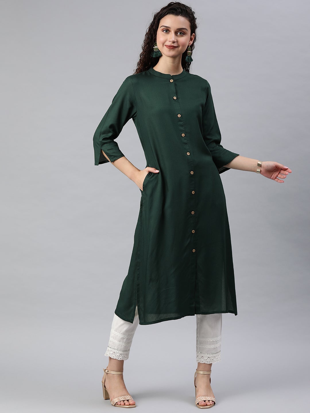 Juniper Jade Green Solid Rayon A-line Kurta with Buttons