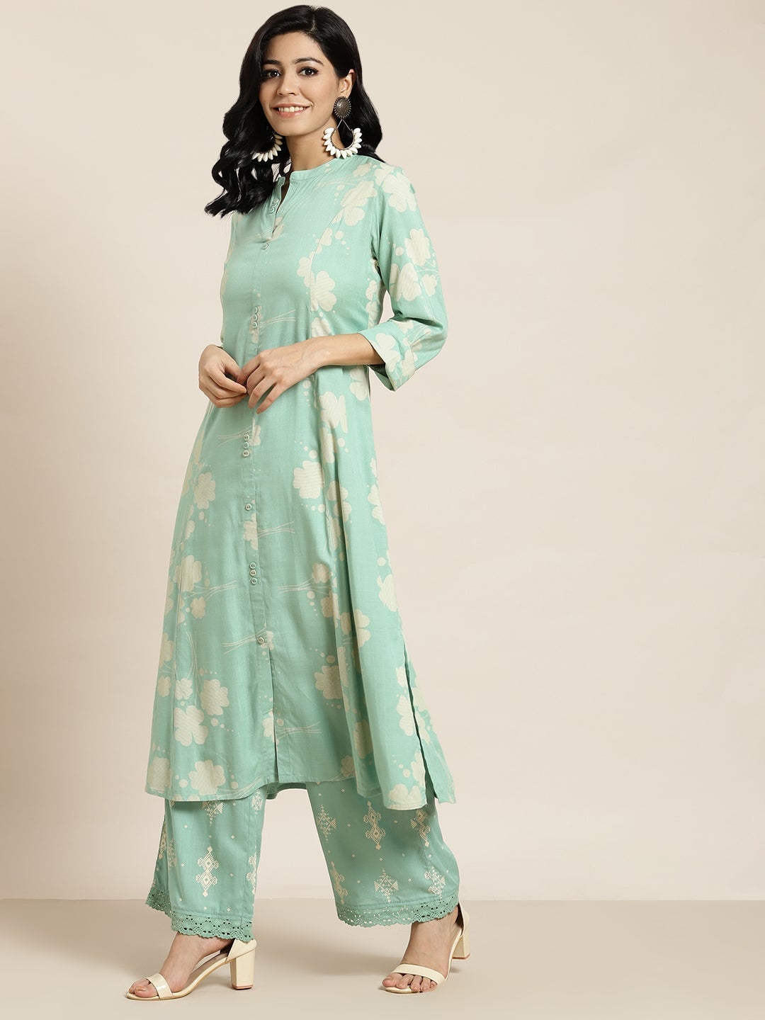 Juniper Mint Green Floral Printed Rayon Slub Kurta & Palazzo Set
