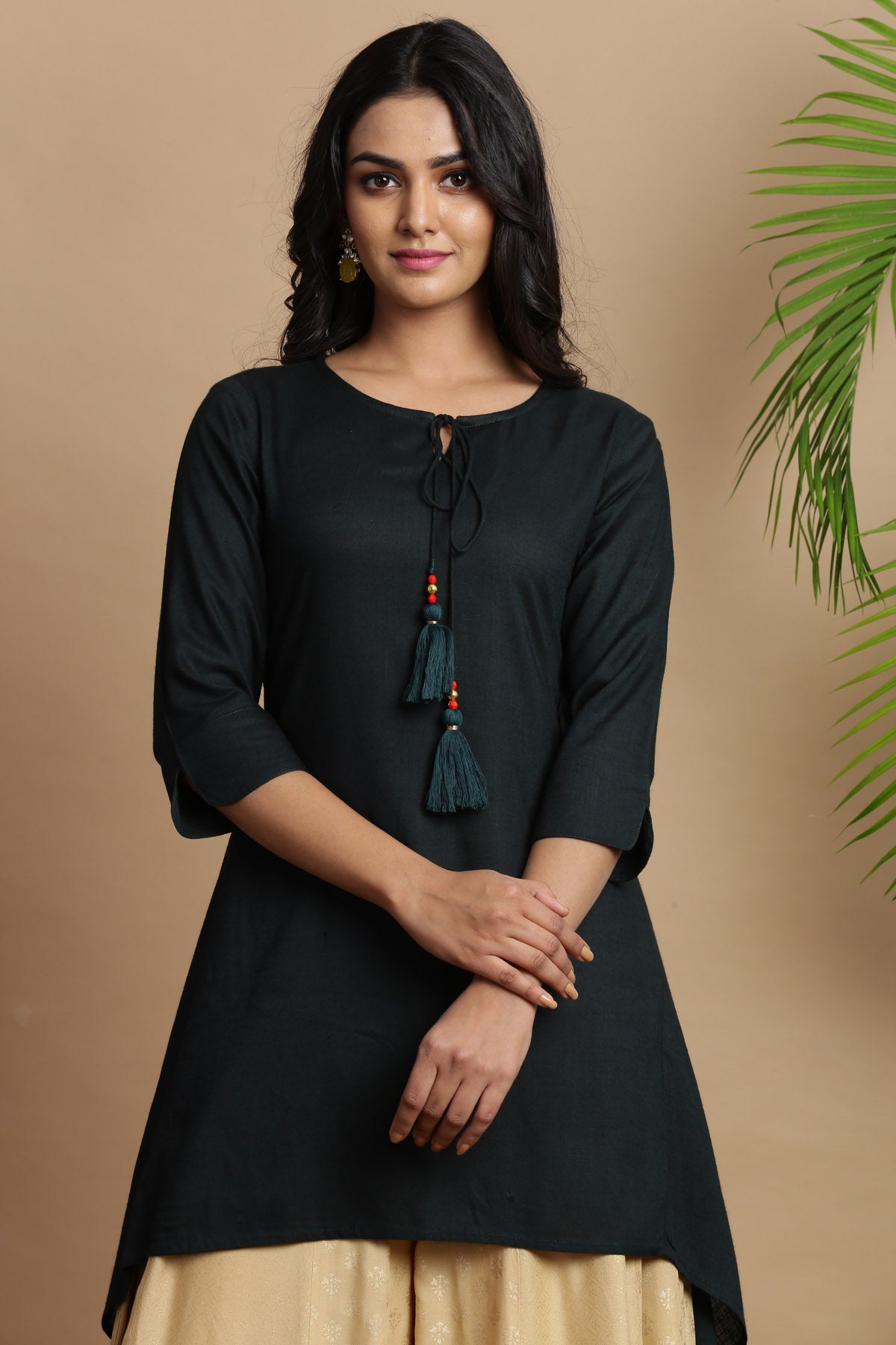 Jadegreen Solid Rayon Slub Asymmetric Women Kurta With Tie-ups