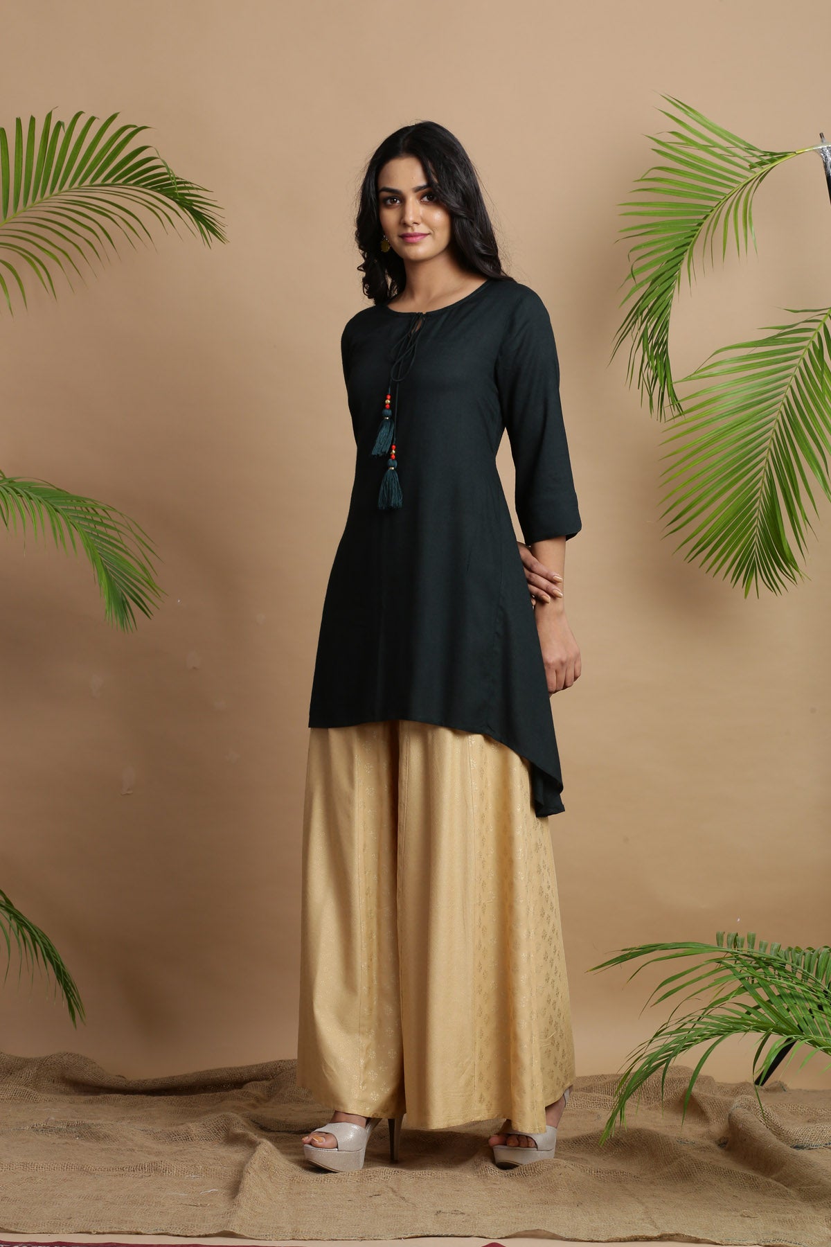 Jadegreen Solid Rayon Slub Asymmetric Women Kurta With Tie-ups