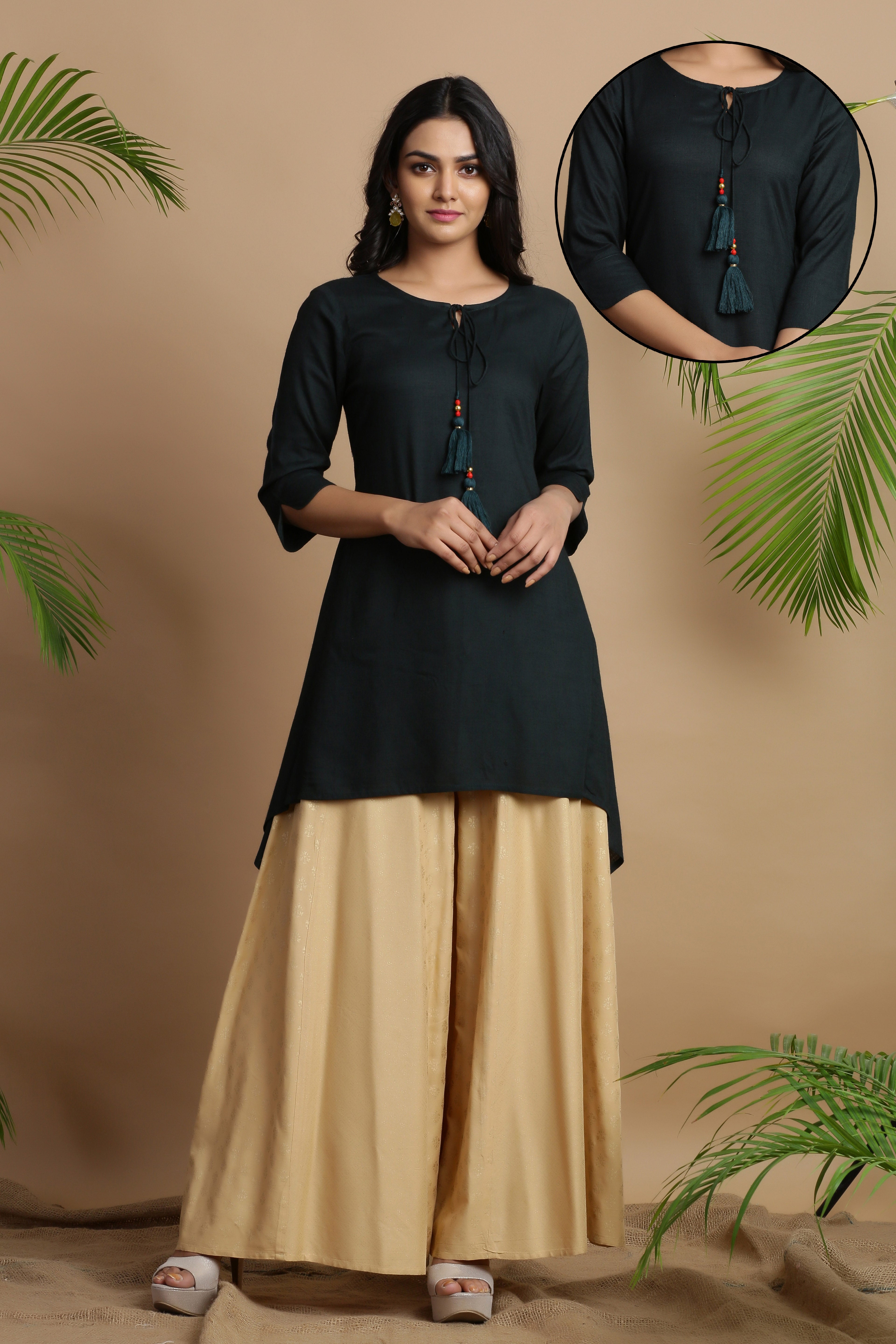 Jadegreen Solid Rayon Slub Asymmetric Women Kurta With Tie-ups