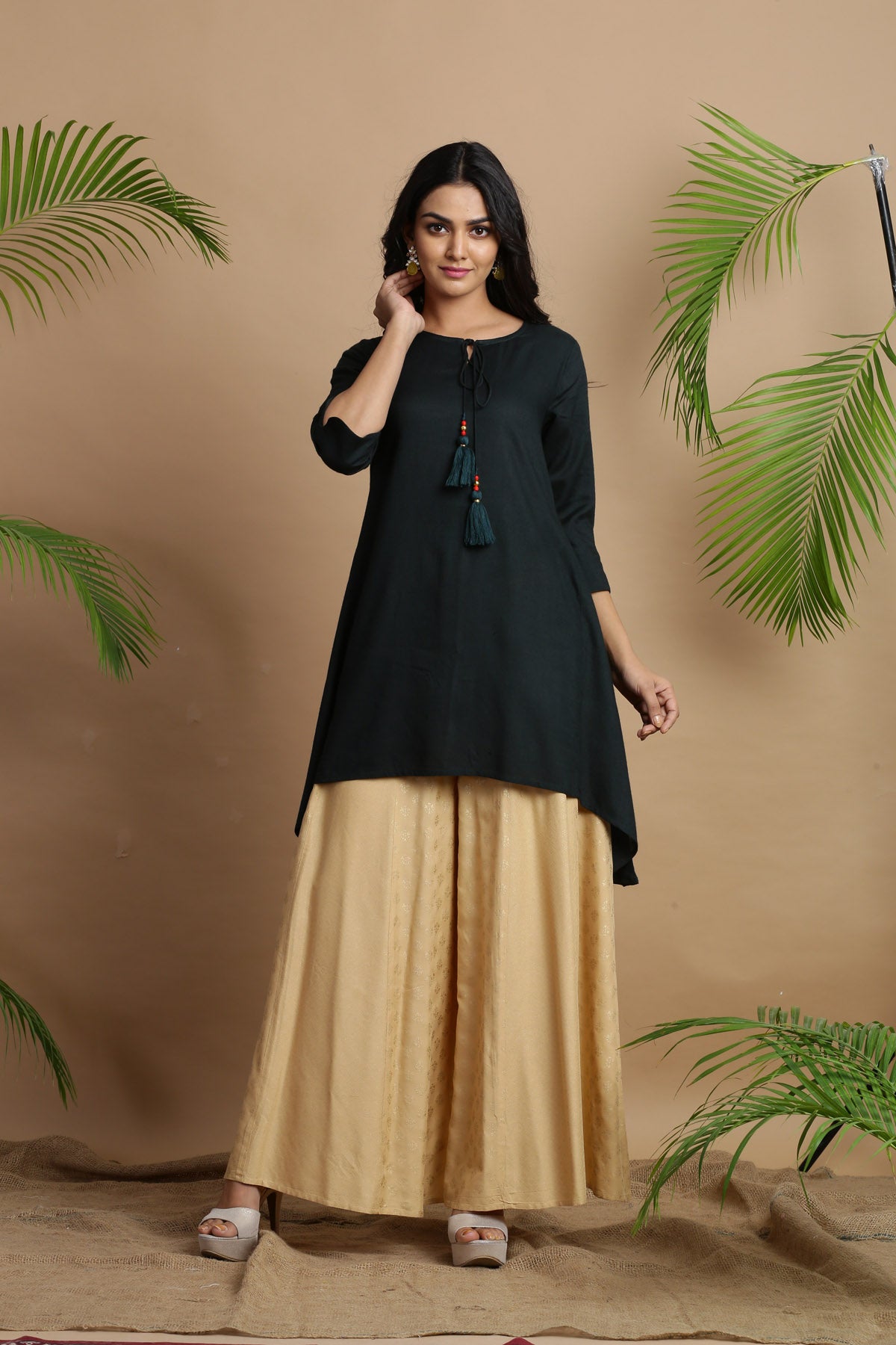 Jadegreen Solid Rayon Slub Asymmetric Women Kurta With Tie-ups