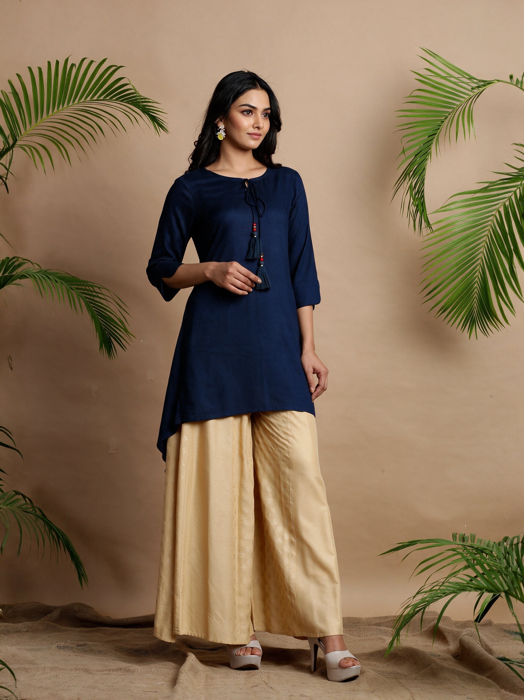 Navy Solid Rayon Slub Asymmetric Women Kurta With Tie-ups