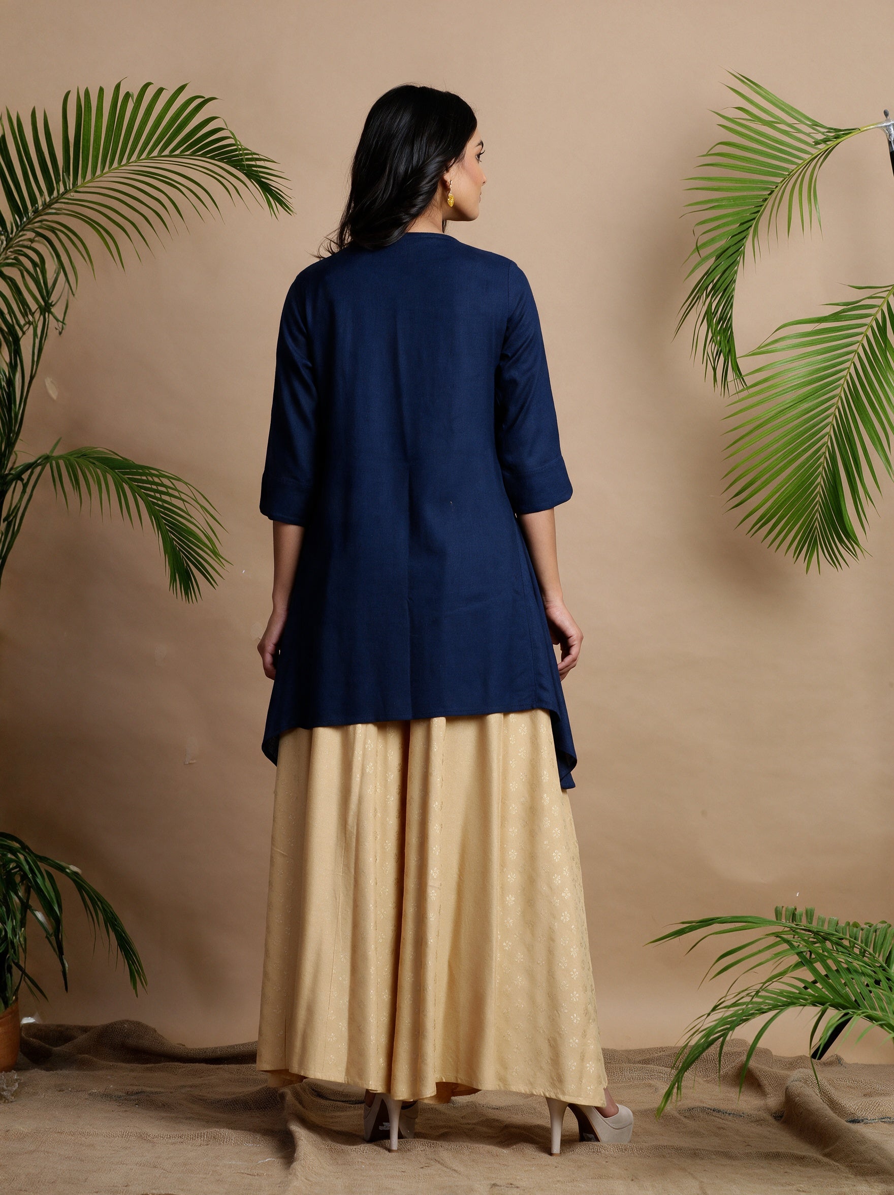 Navy Solid Rayon Slub Asymmetric Women Kurta With Tie-ups
