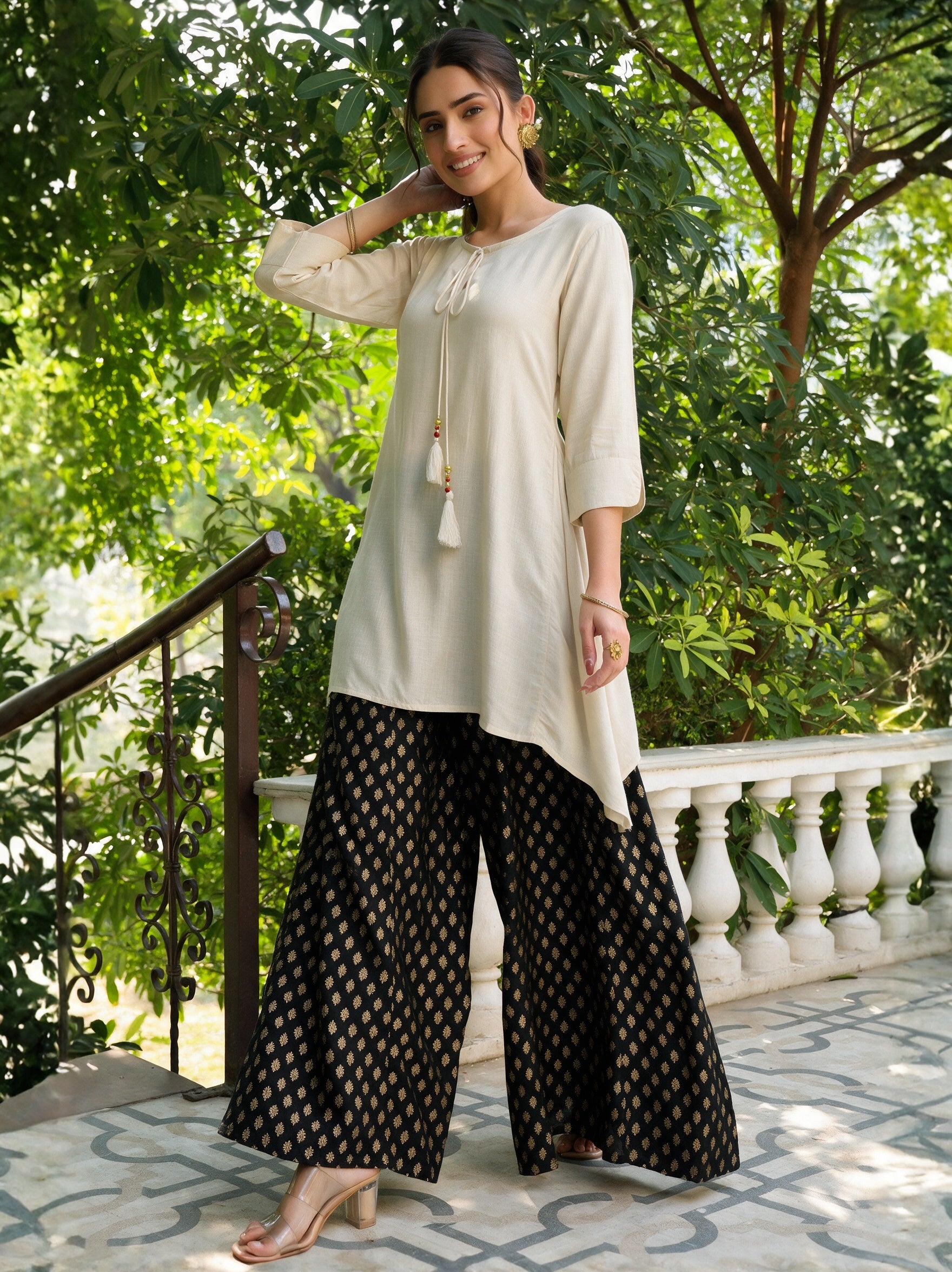 Off White Solid Rayon Slub Asymmetric Women Kurta With Tie-ups