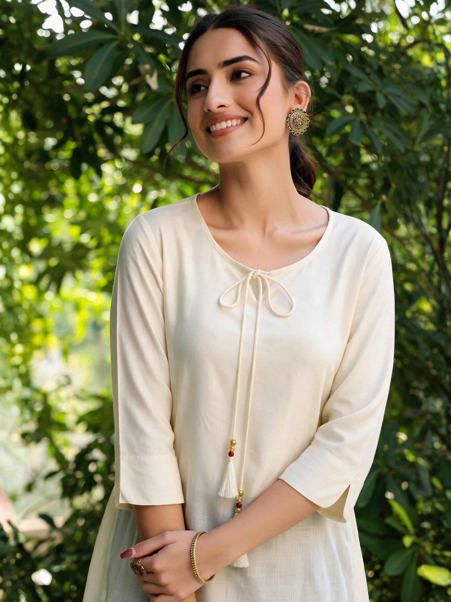 Off White Solid Rayon Slub Asymmetric Women Kurta With Tie-ups
