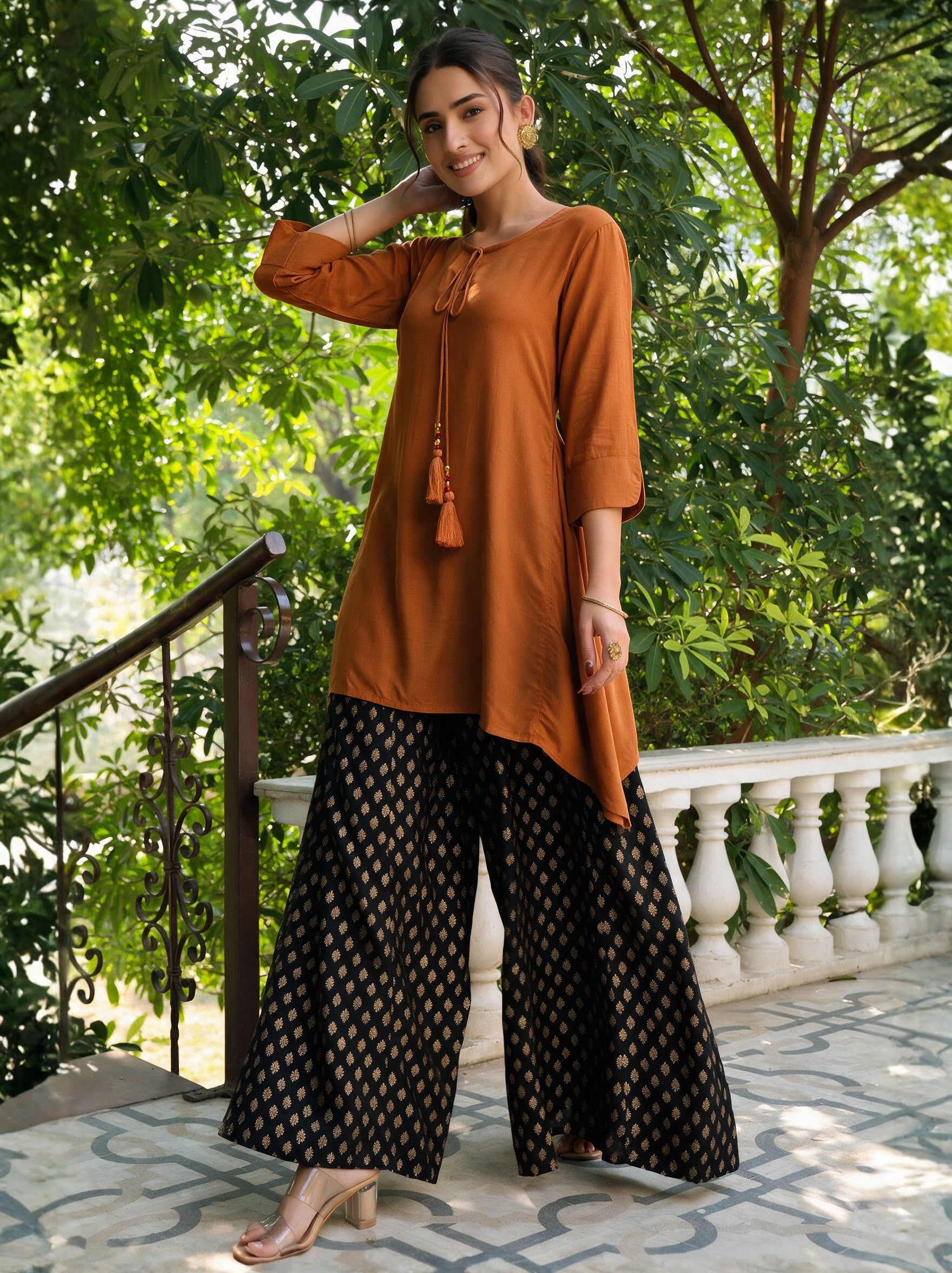 Rust Solid Rayon Slub Asymmetric Women Kurta With Tie-ups