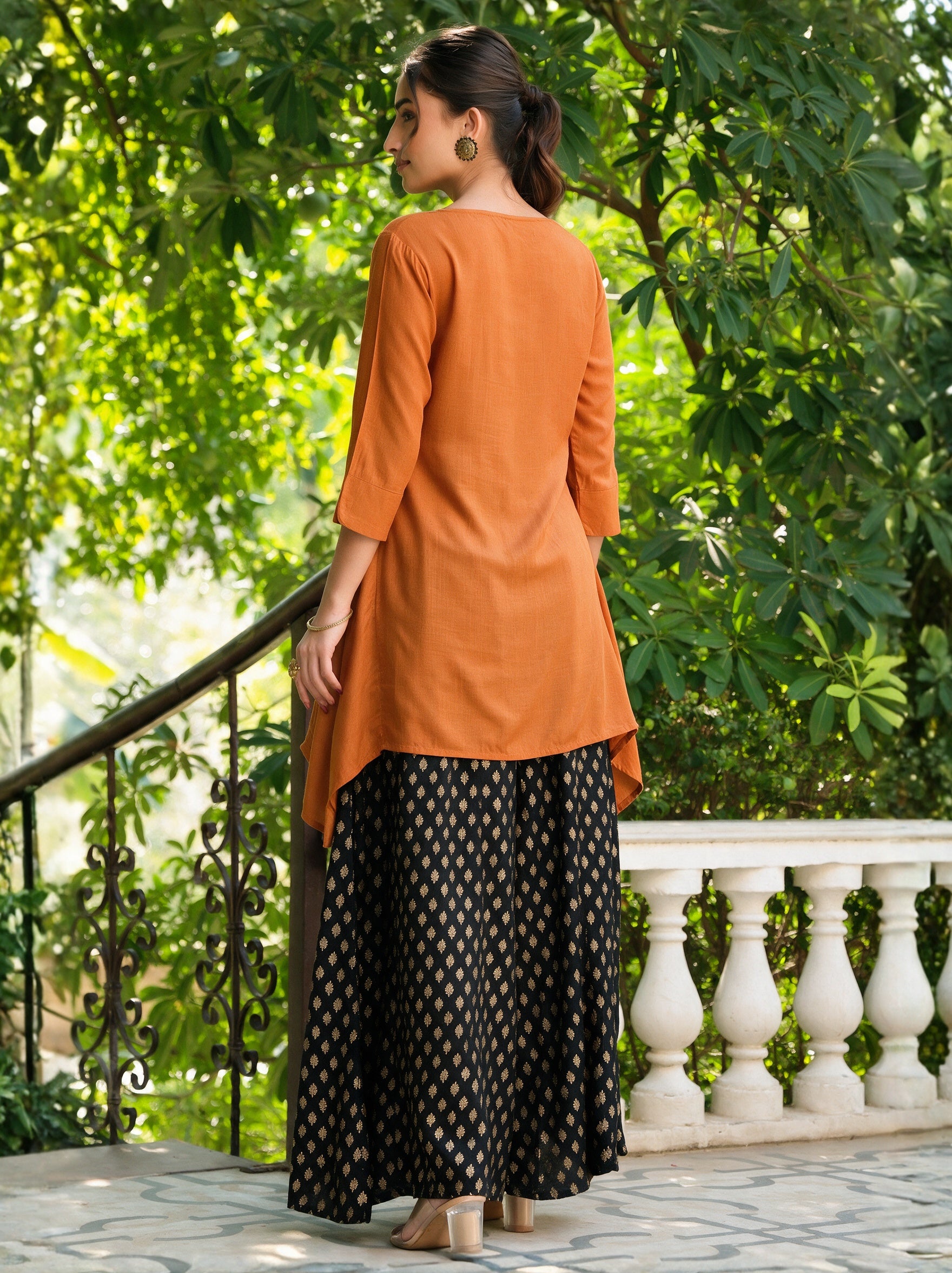 Rust Solid Rayon Slub Asymmetric Women Kurta With Tie-ups