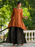 Rust Solid Rayon Slub Asymmetric Women Kurta With Tie-ups