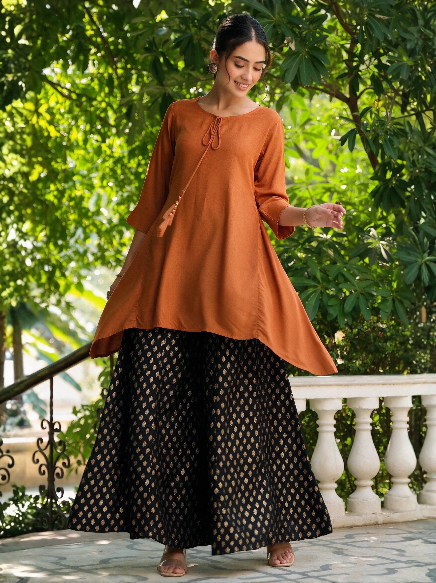 Rust Solid Rayon Slub Asymmetric Women Kurta With Tie-ups