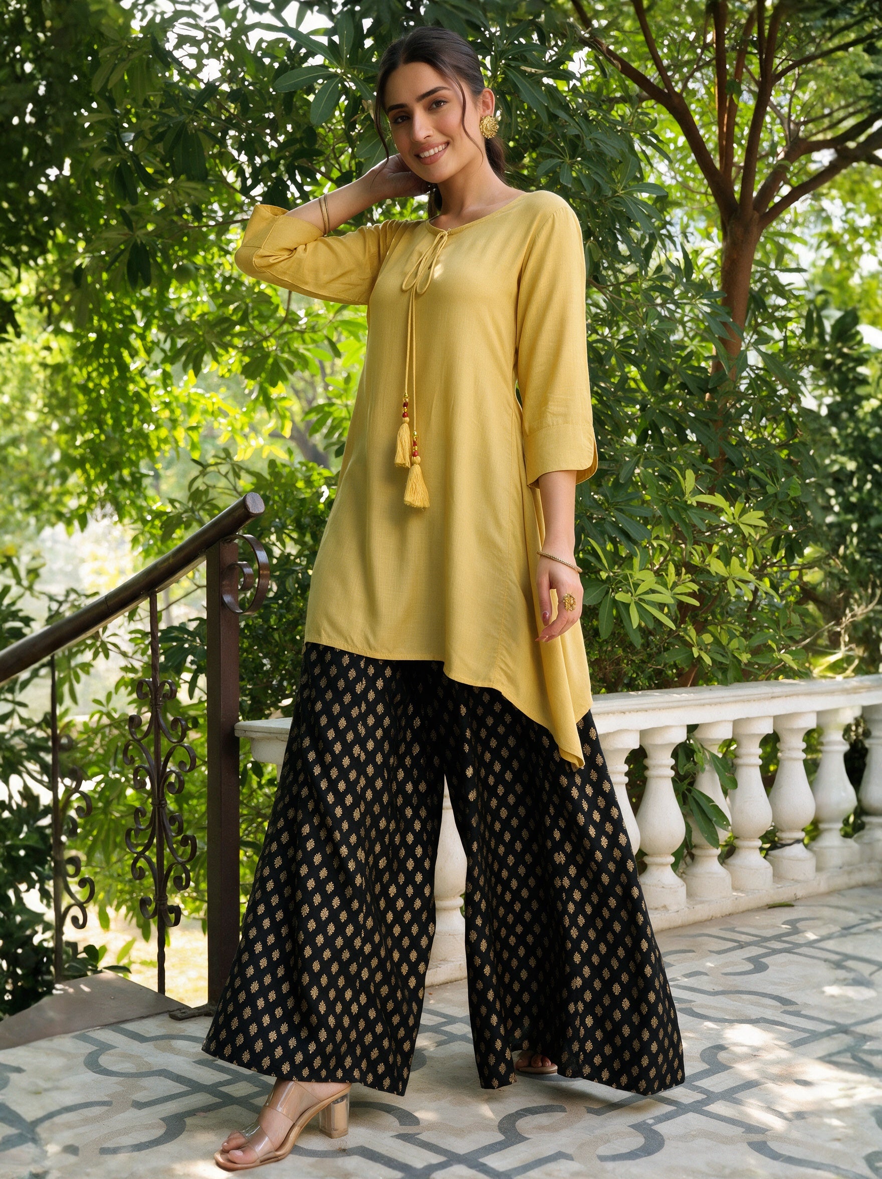 Yellow Solid Rayon Slub Asymmetric Women Kurta With Tie-ups