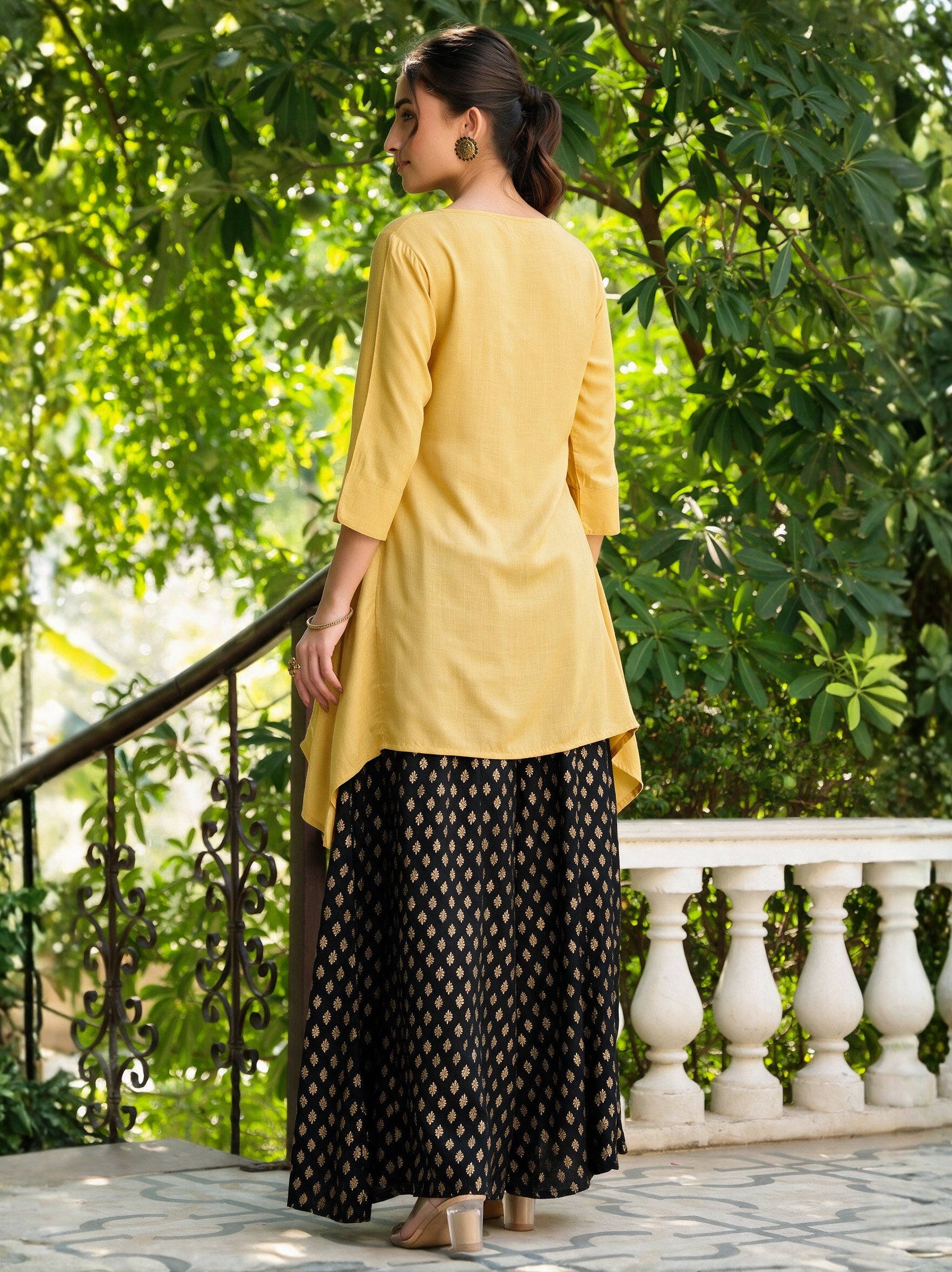 Yellow Solid Rayon Slub Asymmetric Women Kurta With Tie-ups