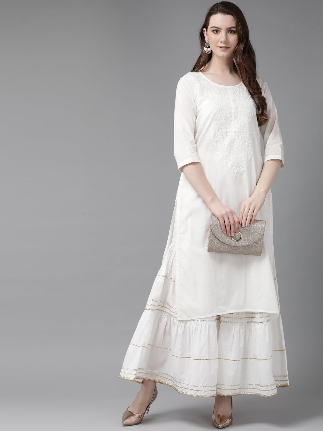 Juniper White Embroidered Pure Cotton Calf Length Straight Kurta