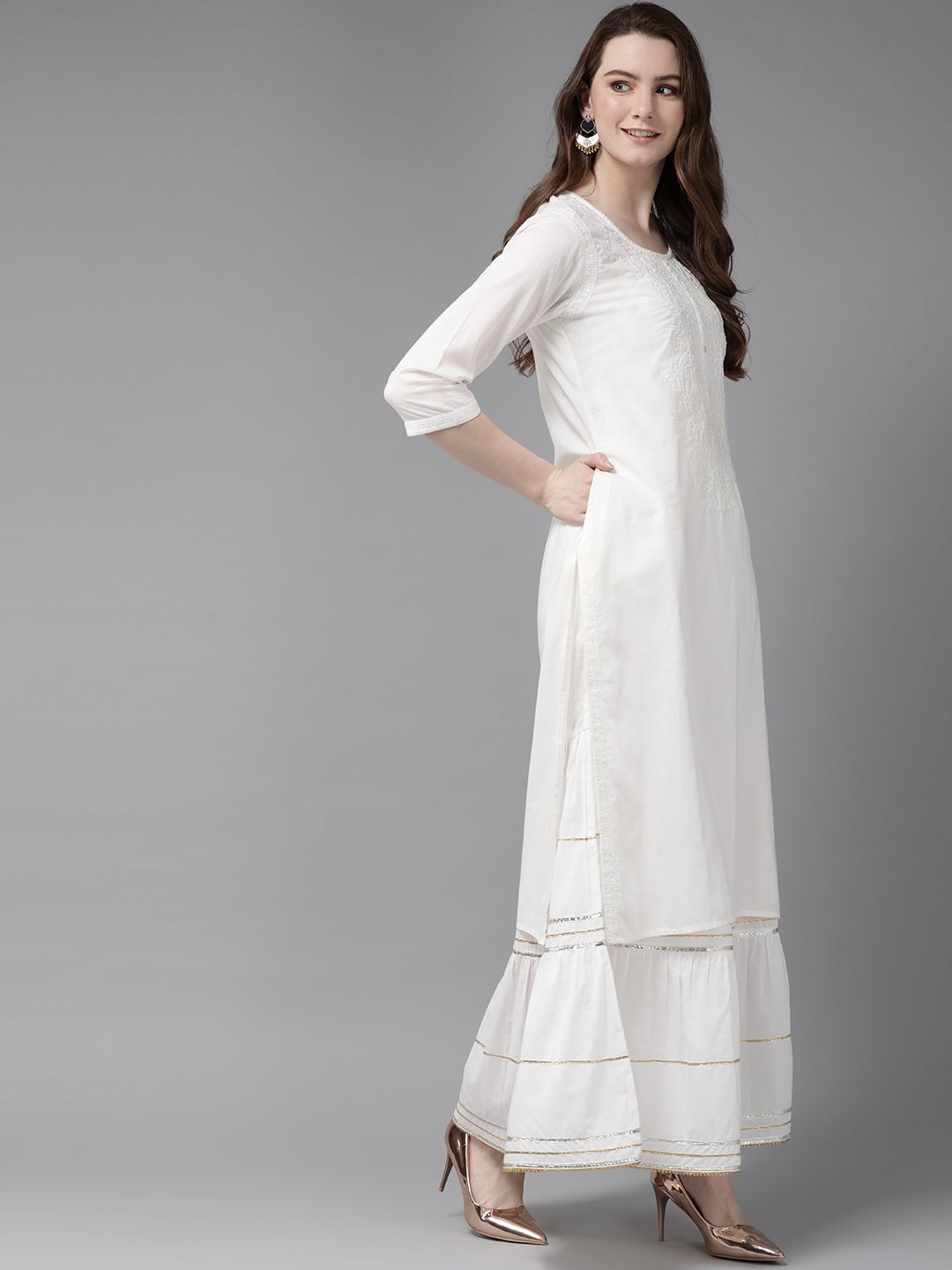 Juniper White Embroidered Pure Cotton Calf Length Straight Kurta