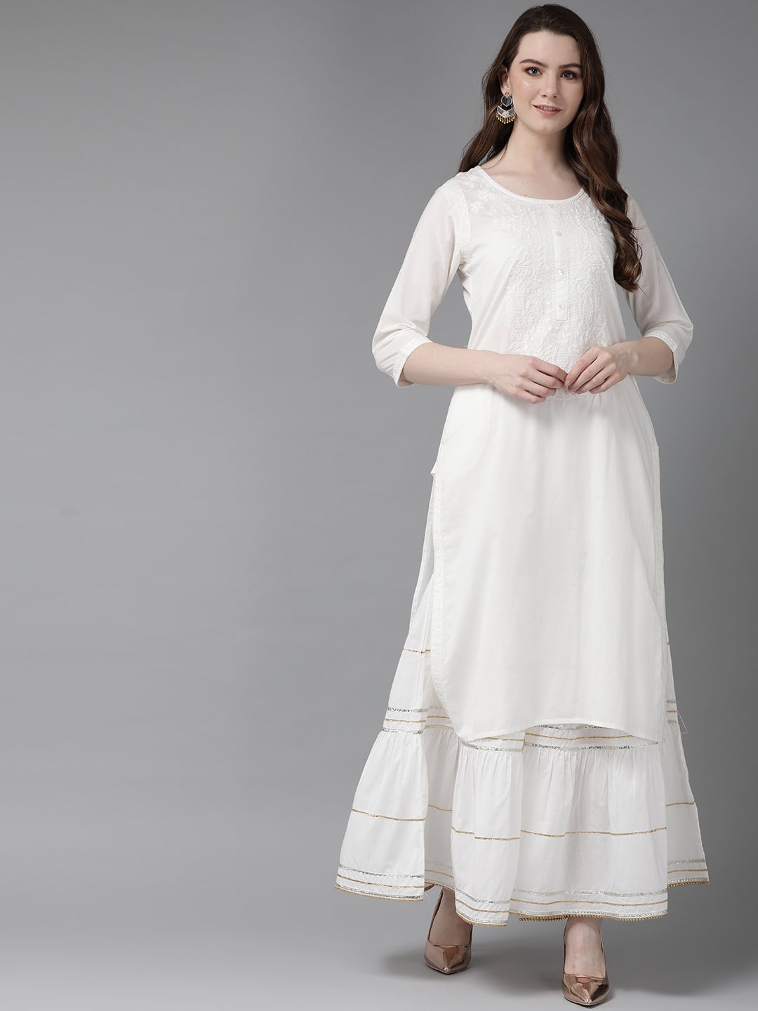 Juniper White Embroidered Pure Cotton Calf Length Straight Kurta