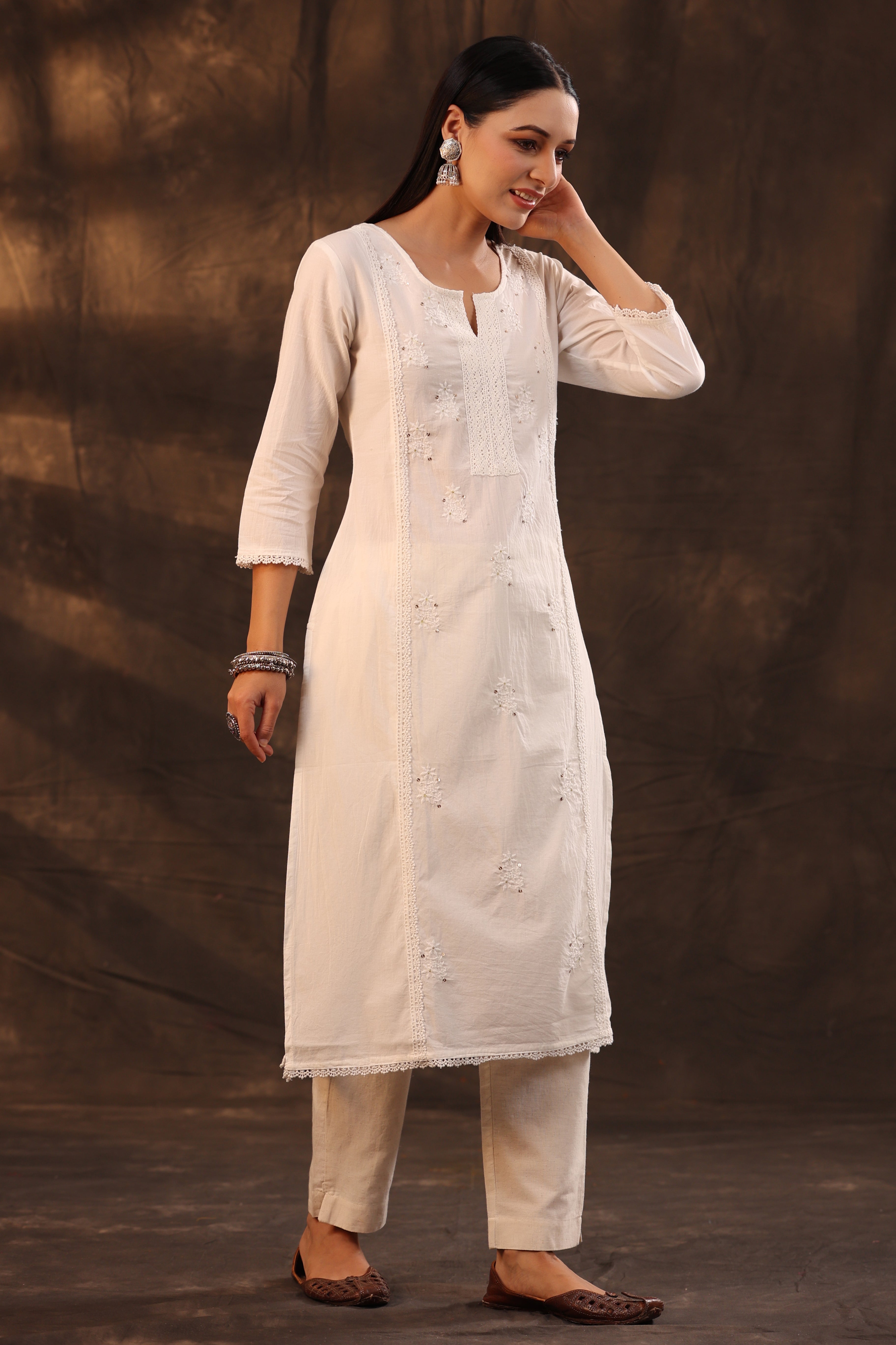 Juniper White Ethnic Motif Printed Cotton Voile Straight Women Kurta With Thread Work Embroidery