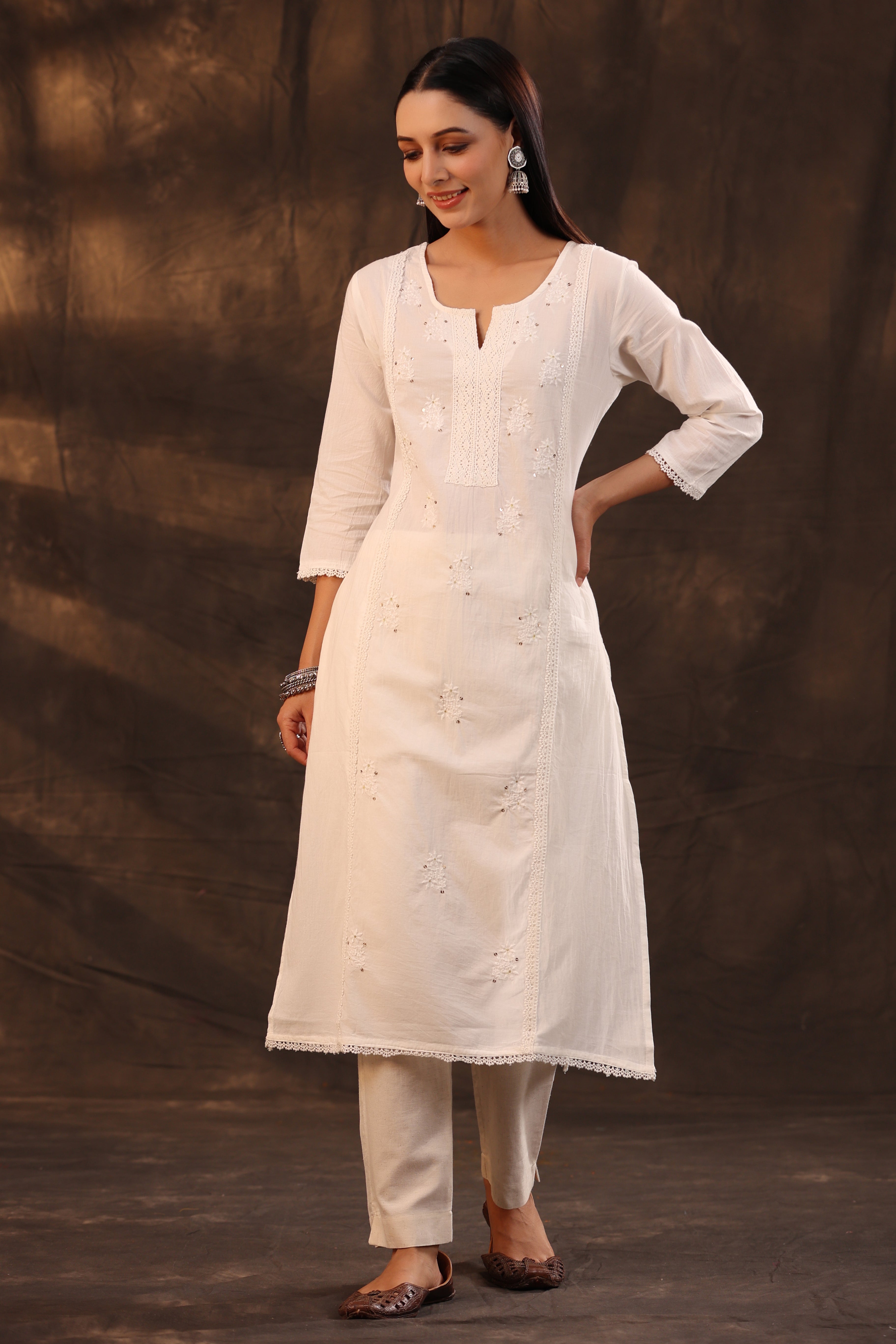 Juniper White Ethnic Motif Printed Cotton Voile Straight Women Kurta With Thread Work Embroidery