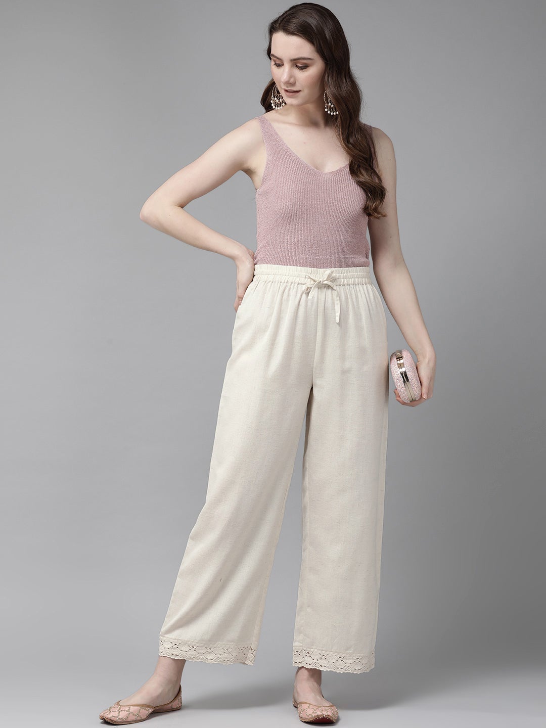 Juniper Off-White Solid Rayon Flex Wide Leg Women Palazzo With Lace & Tassels